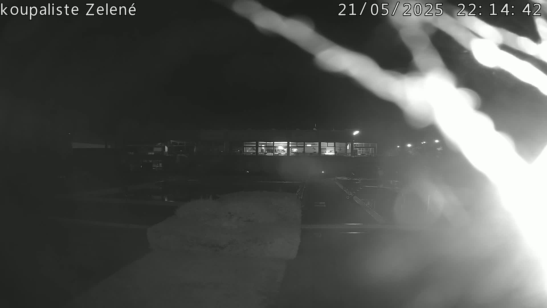 A nighttime, low-light grayscale image shows a building with illuminated windows and blurry, possibly wet, foreground elements.