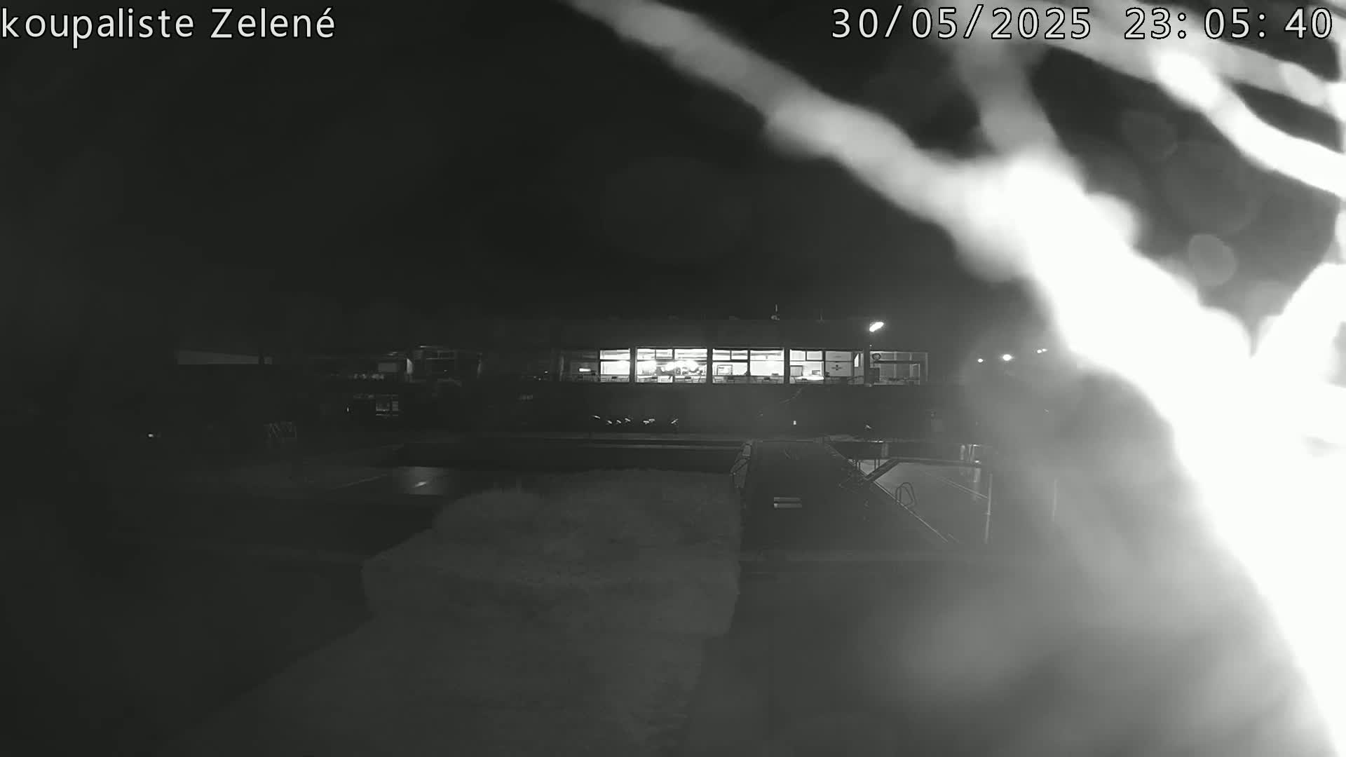 A nighttime, blurry grayscale image shows a building with illuminated windows near a dark pool area, partially obscured by branches in the foreground.