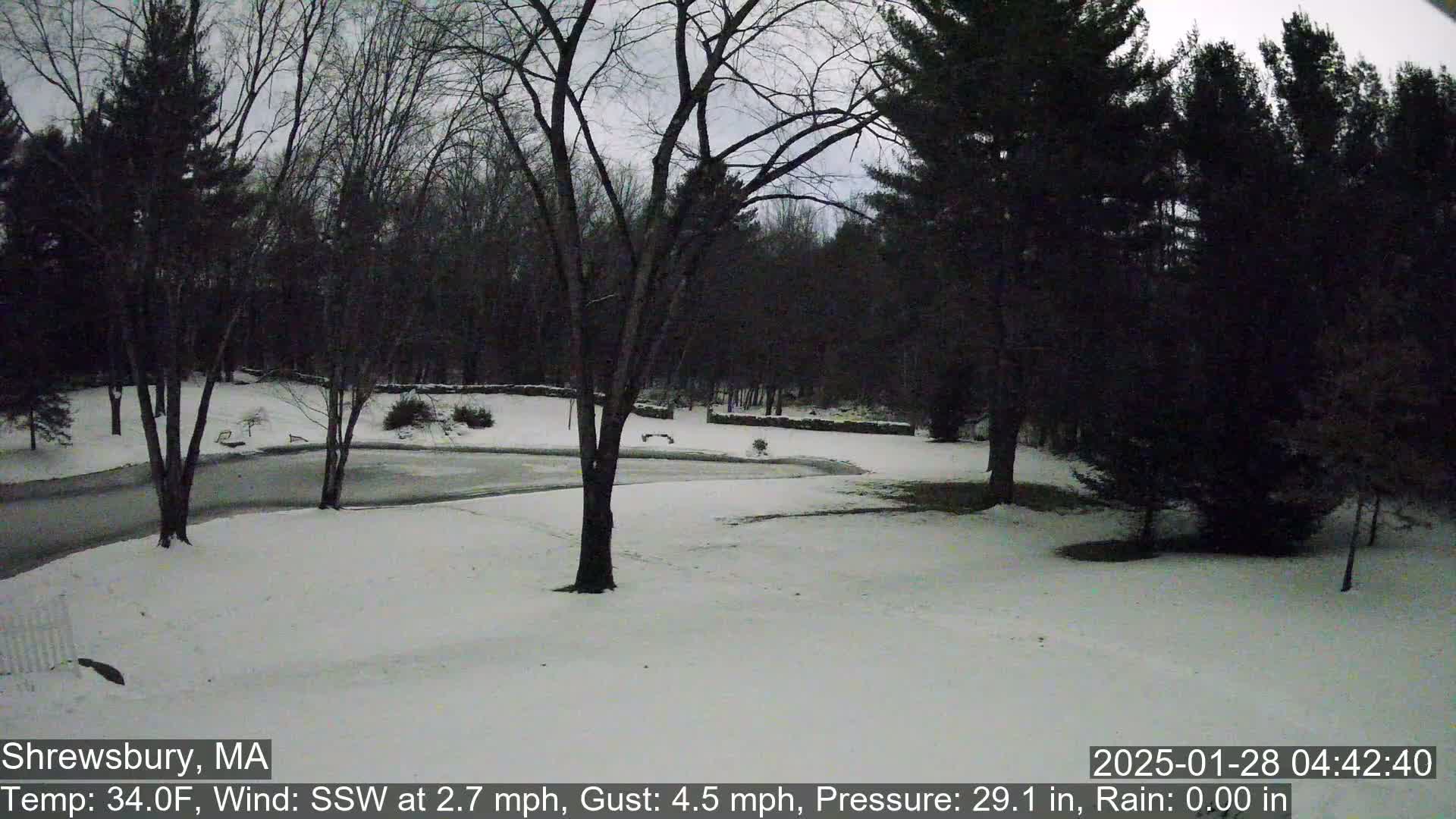 A snow-covered landscape with bare trees and a partially icy road under an overcast sky.