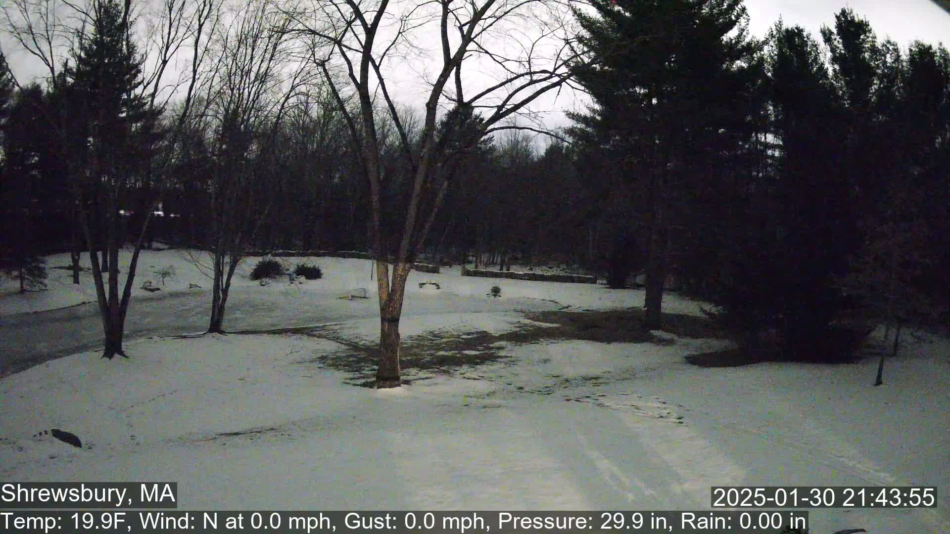 A snow-covered yard and driveway are visible beneath a dark, overcast sky, surrounded by bare trees.