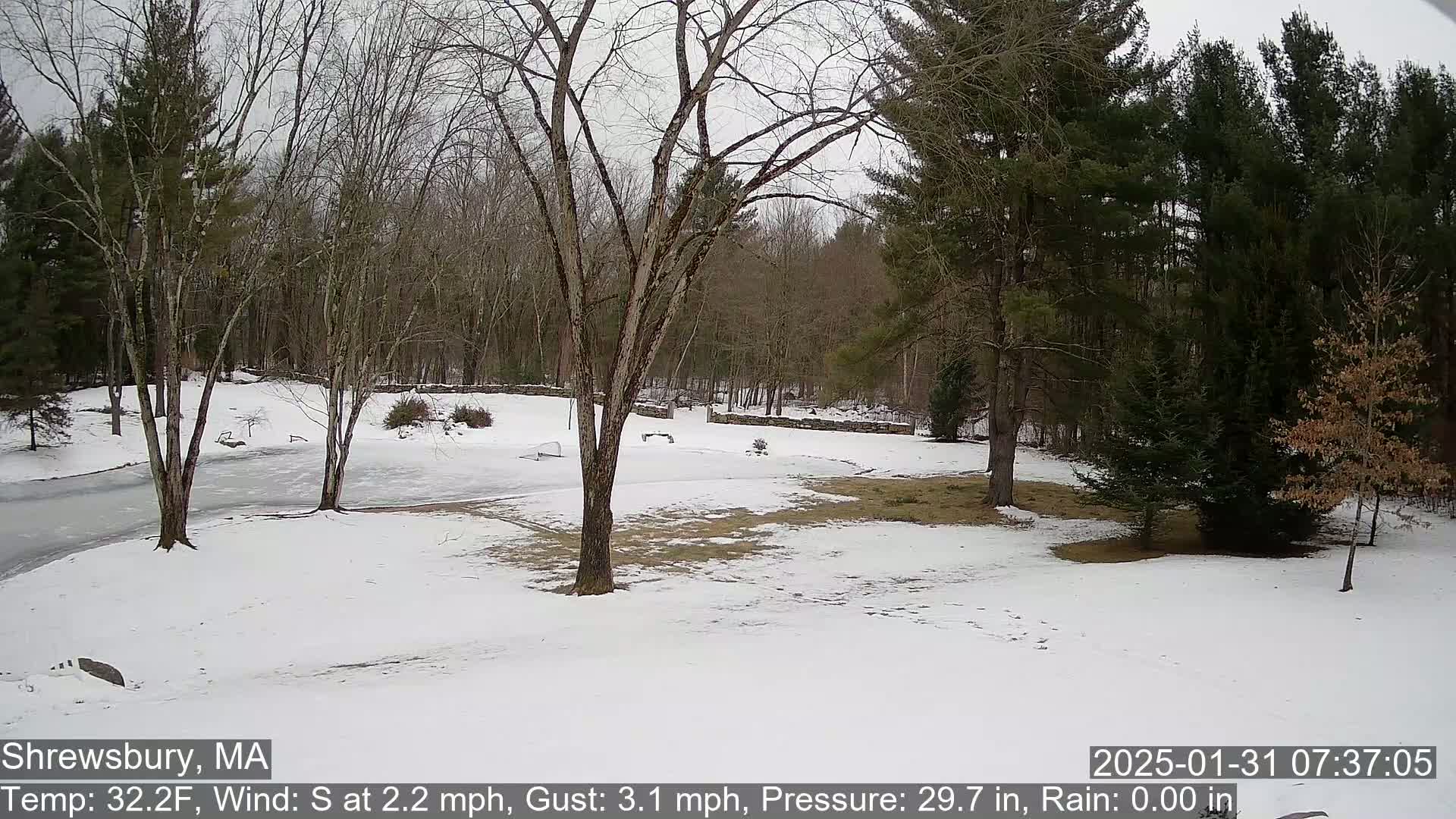 A snow-covered yard with bare trees and a frozen body of water is visible under a cloudy sky.