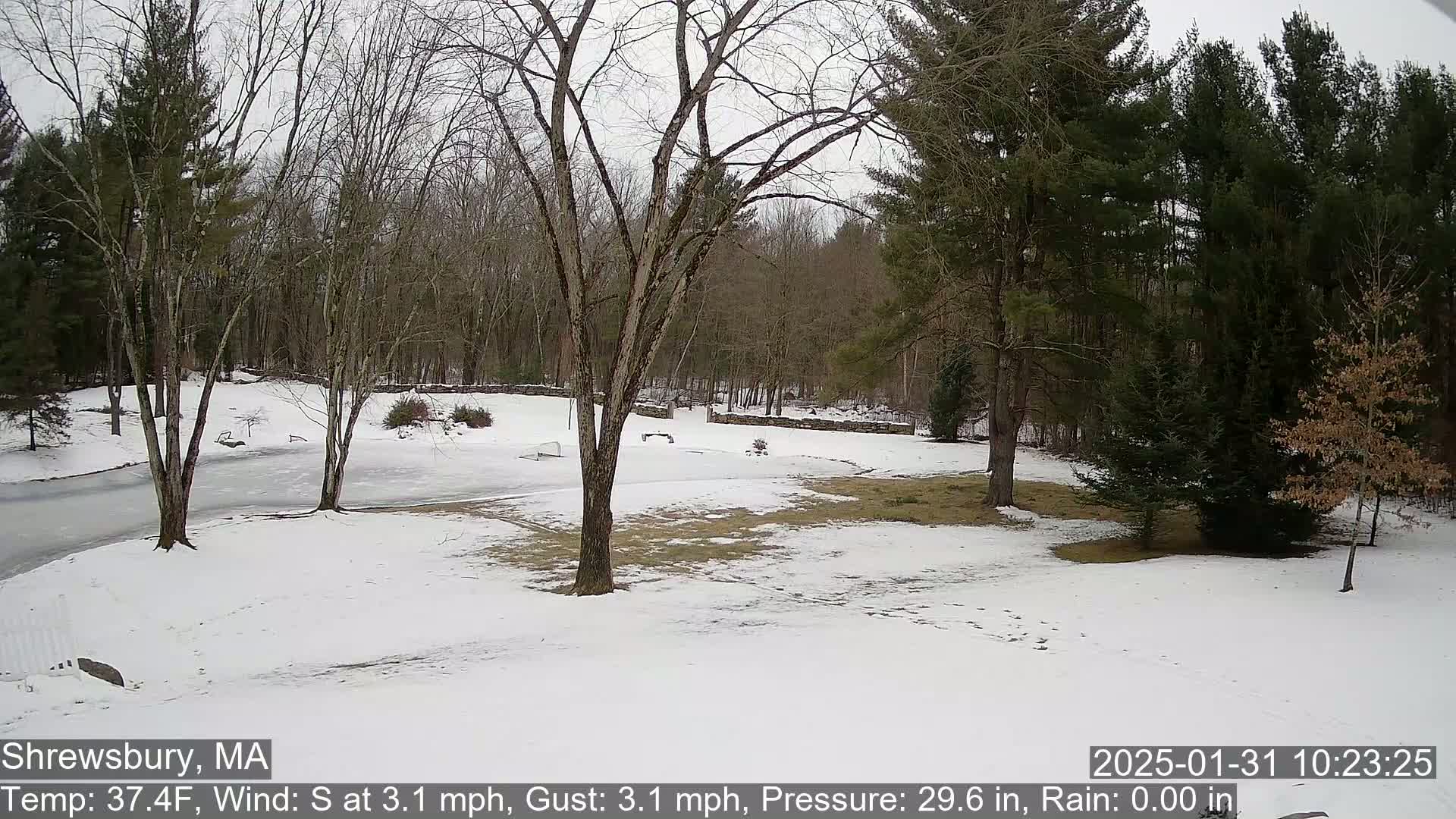 A snow-covered yard with leafless trees and a partially frozen body of water is visible under an overcast sky.
