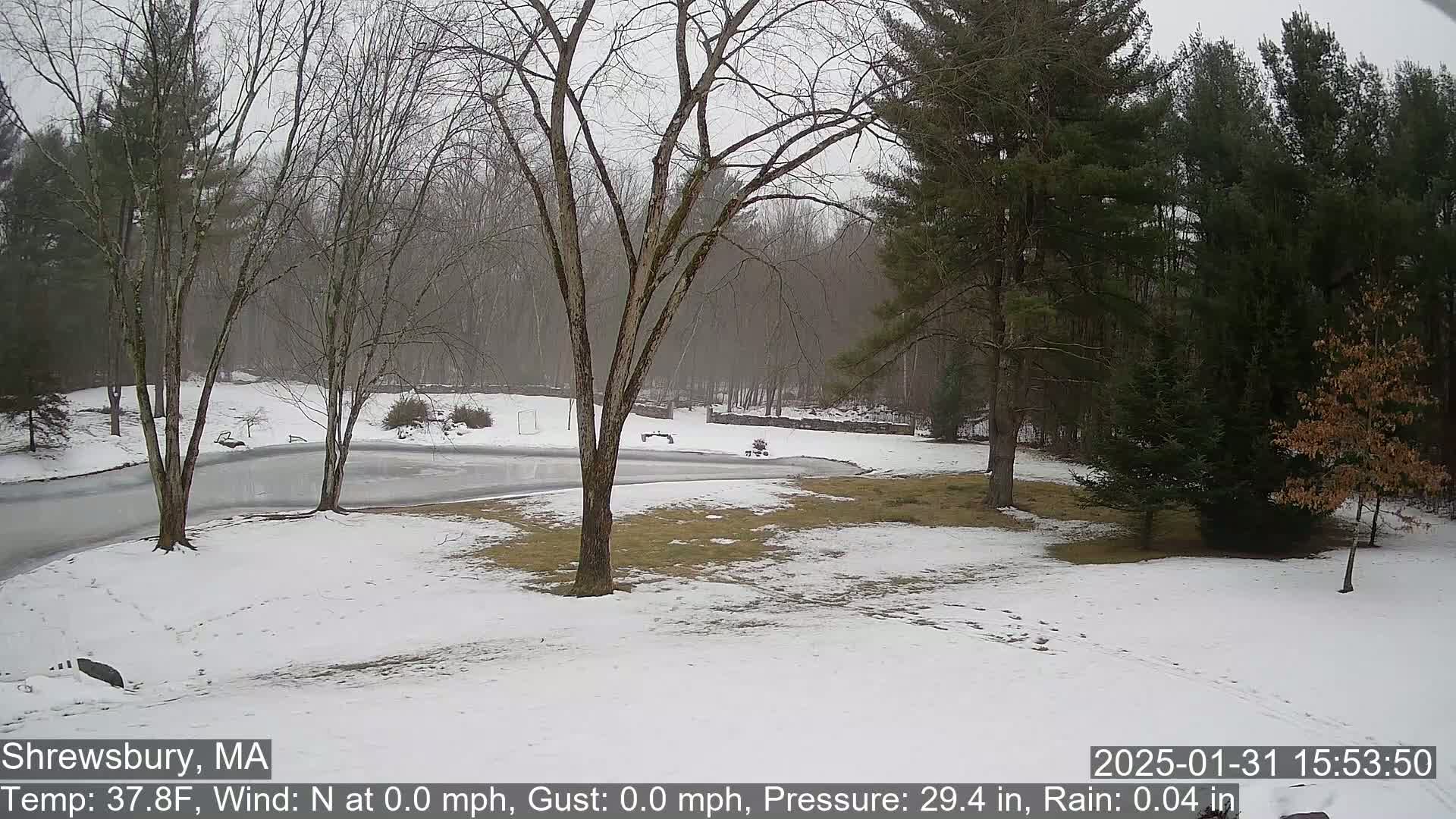 A snow-covered landscape with bare trees surrounding a partially frozen pond under an overcast sky.