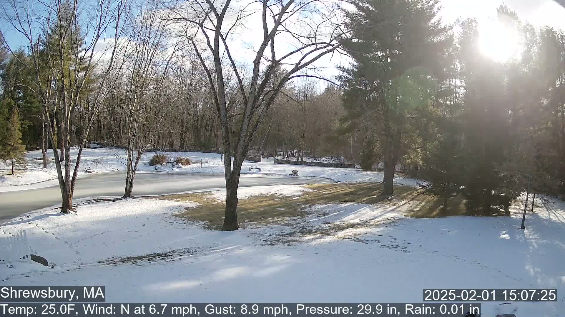A snow-covered yard with a partially frozen pond is bathed in sunlight under a mostly clear sky.