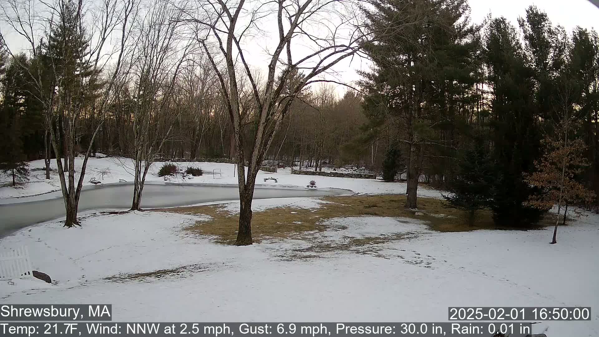 A snow-covered yard with a partially frozen pond is surrounded by leafless trees under a partly cloudy sky.