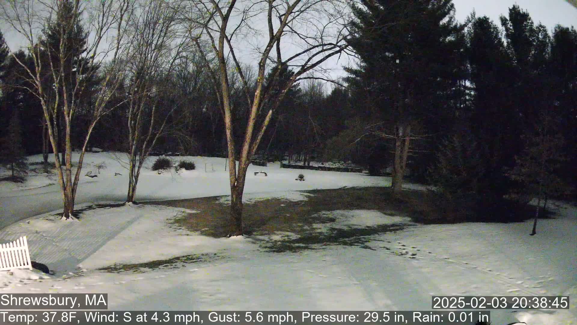 A snow-covered yard and driveway are surrounded by bare trees under a twilight sky.