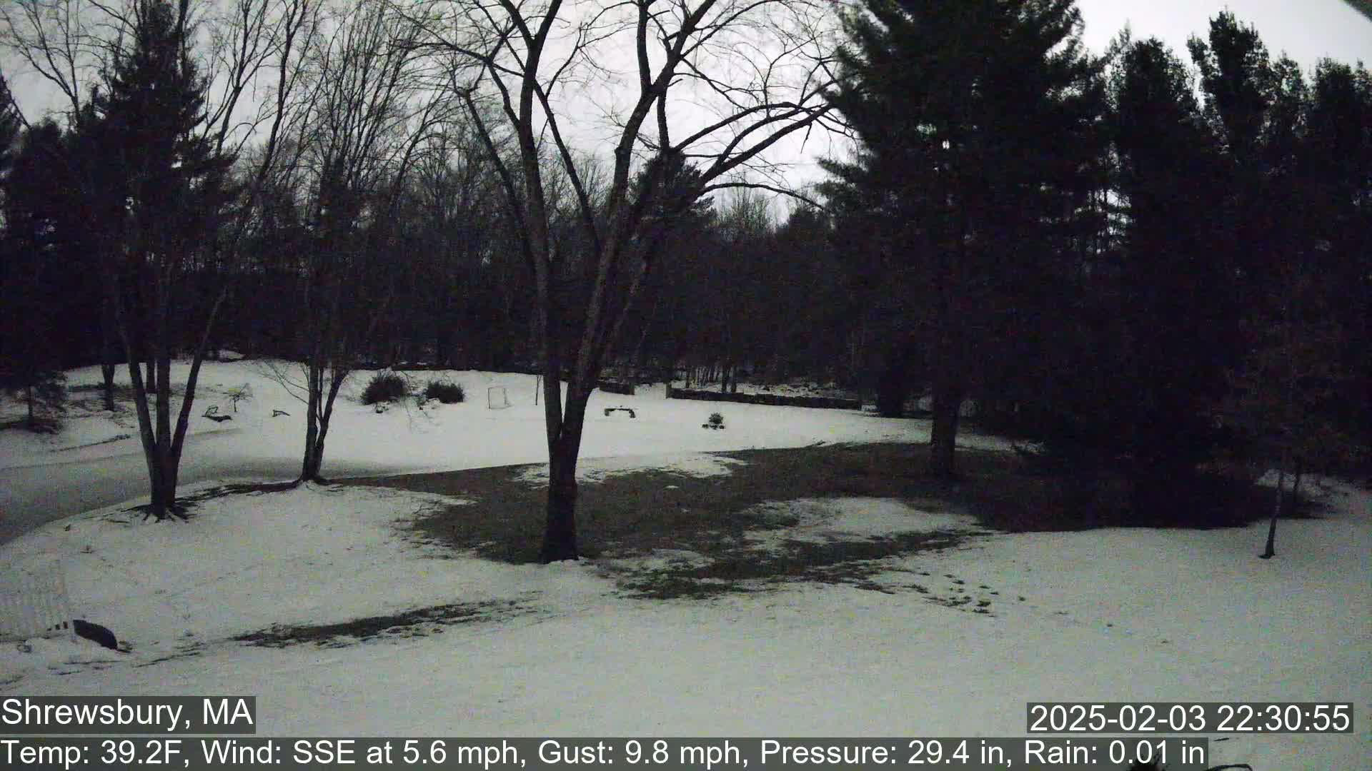 A snow-covered field is surrounded by bare trees under a dark, overcast sky, with light rain.