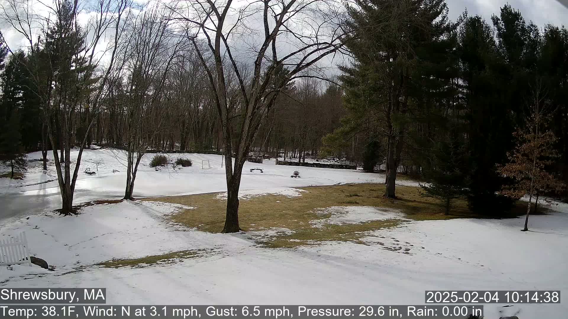 A snow-covered yard with bare trees and a partially frozen pond is visible under a cloudy sky.