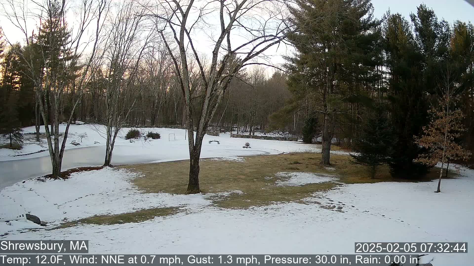 A snow-covered yard with bare trees and a frozen pond is visible under a twilight sky.