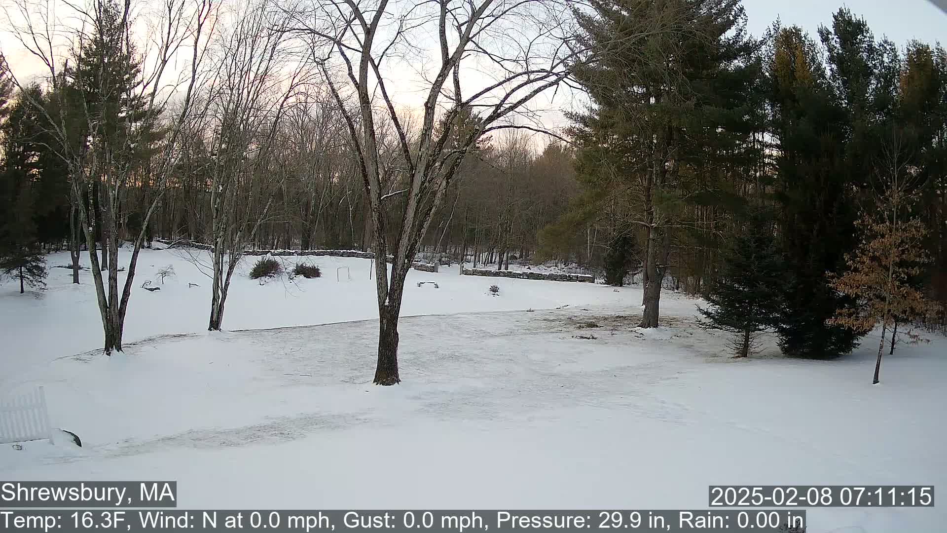 A snow-covered yard with leafless trees and a stone wall in the background, under a partly cloudy sky.
