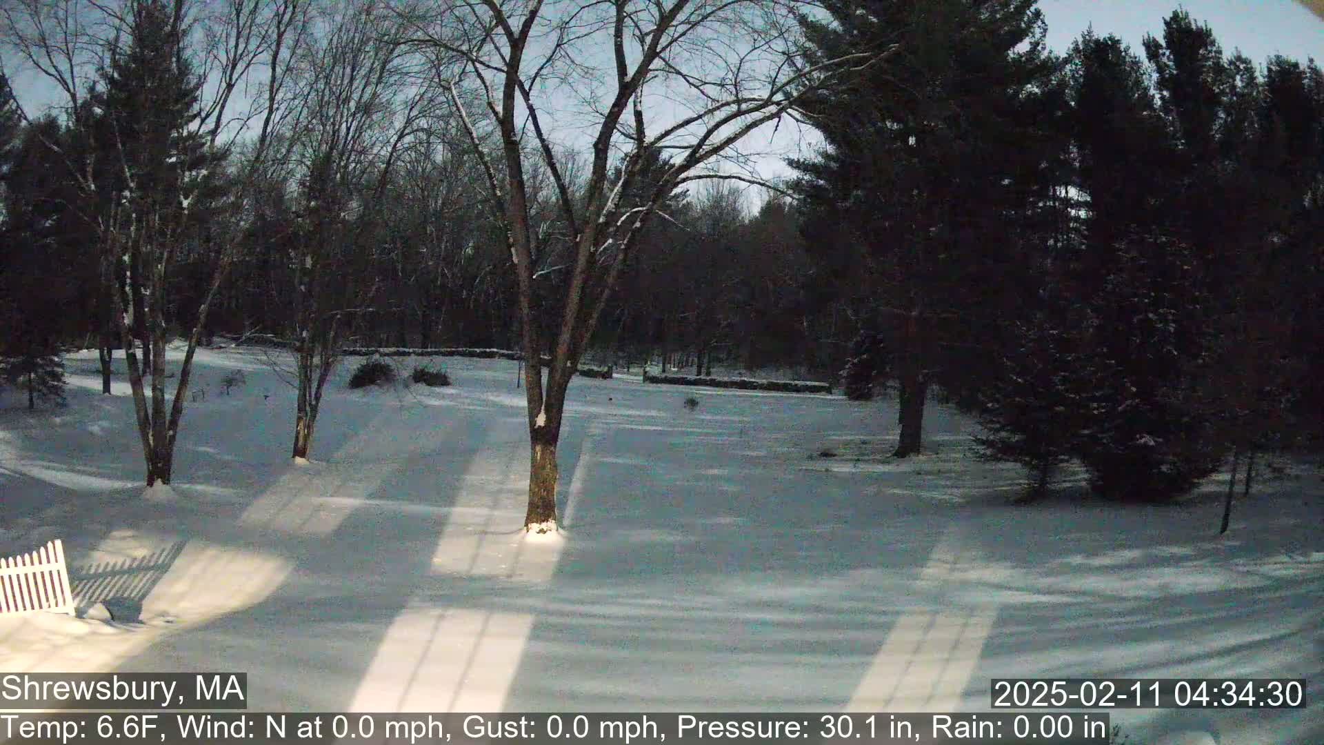 A snow-covered yard with leafless trees and a white picket fence is visible under a twilight sky.