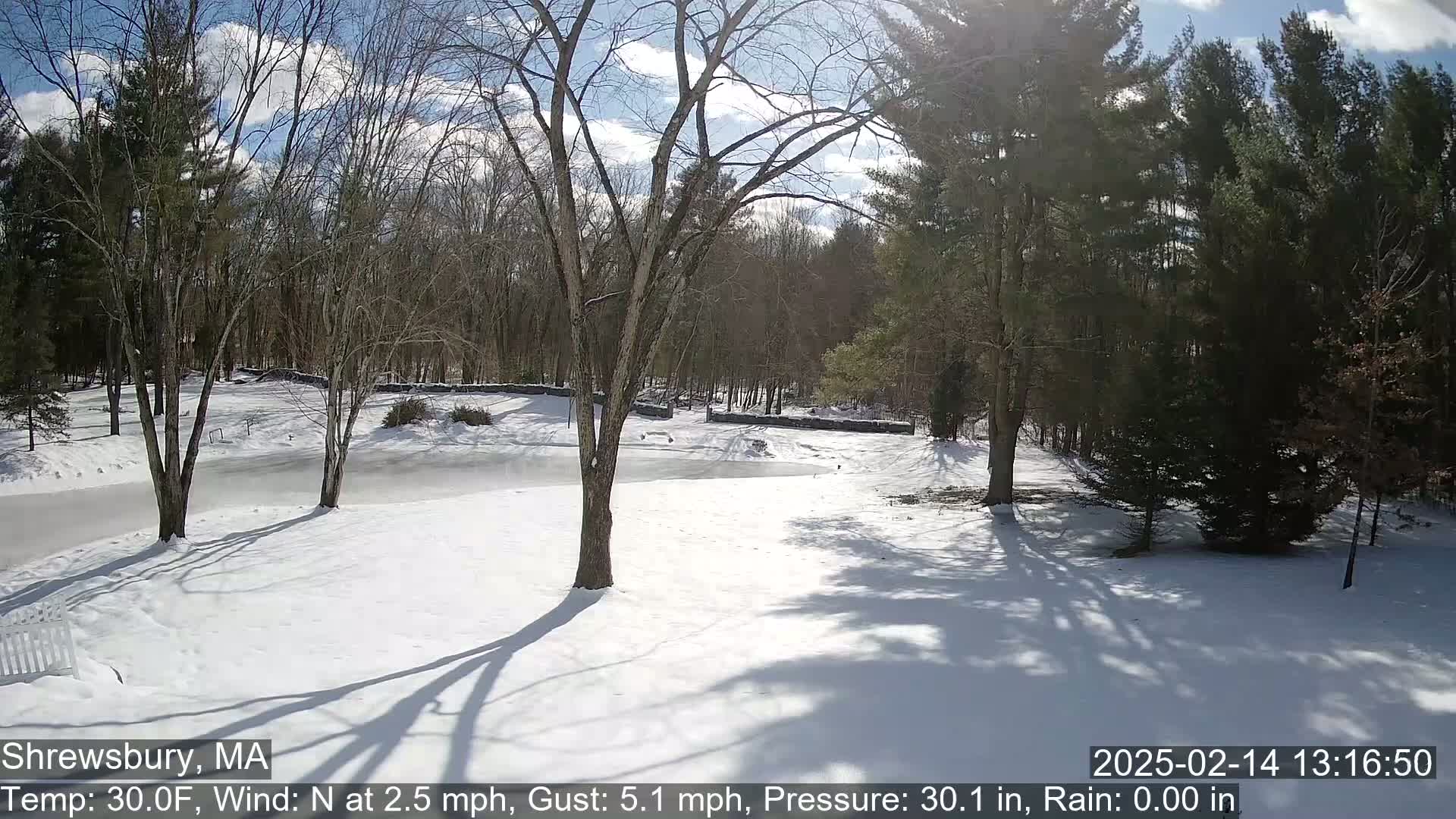 A snow-covered landscape with bare trees and a partially frozen pond under a partly sunny sky.