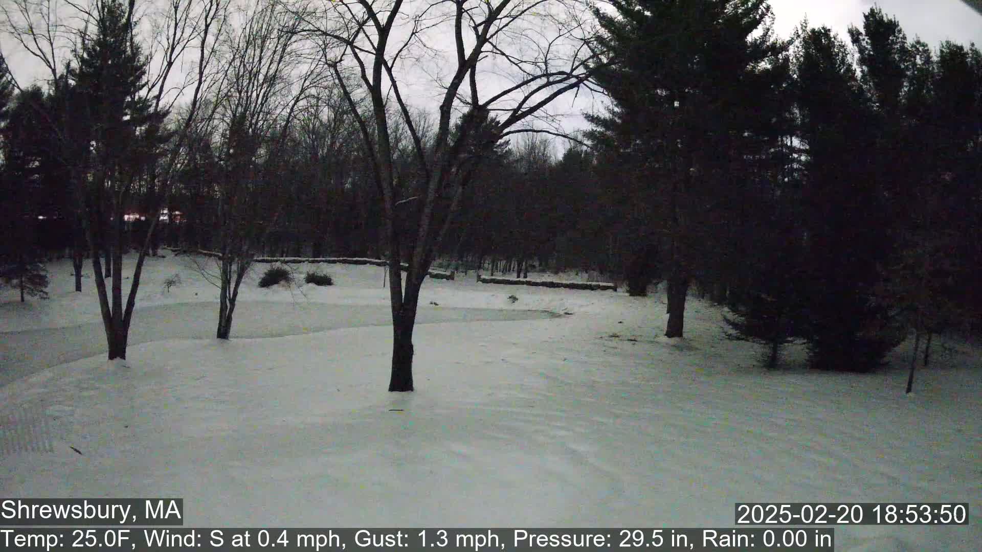 A snow-covered landscape at dusk, featuring leafless trees and a low stone wall, under a cloudy sky.
