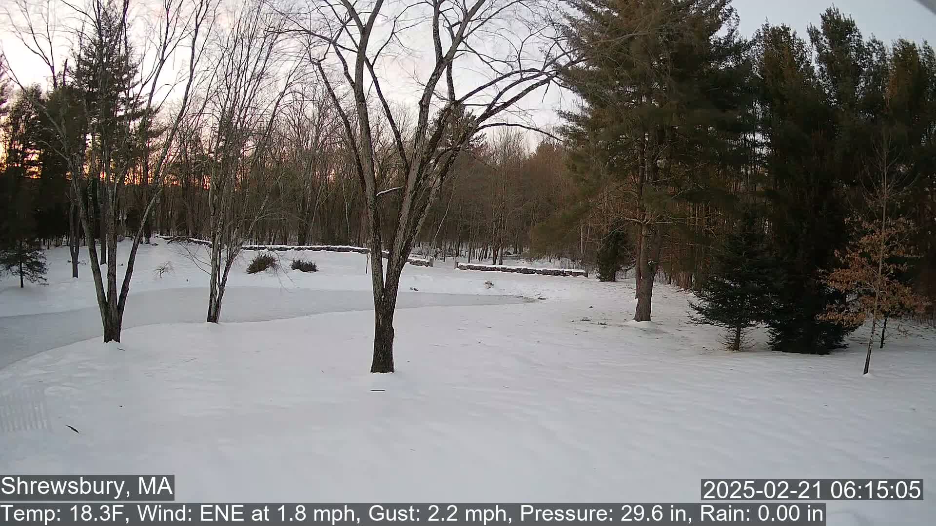 A snow-covered landscape at twilight features leafless trees, a frozen pond, and a stone wall, under a clear, dusky sky.