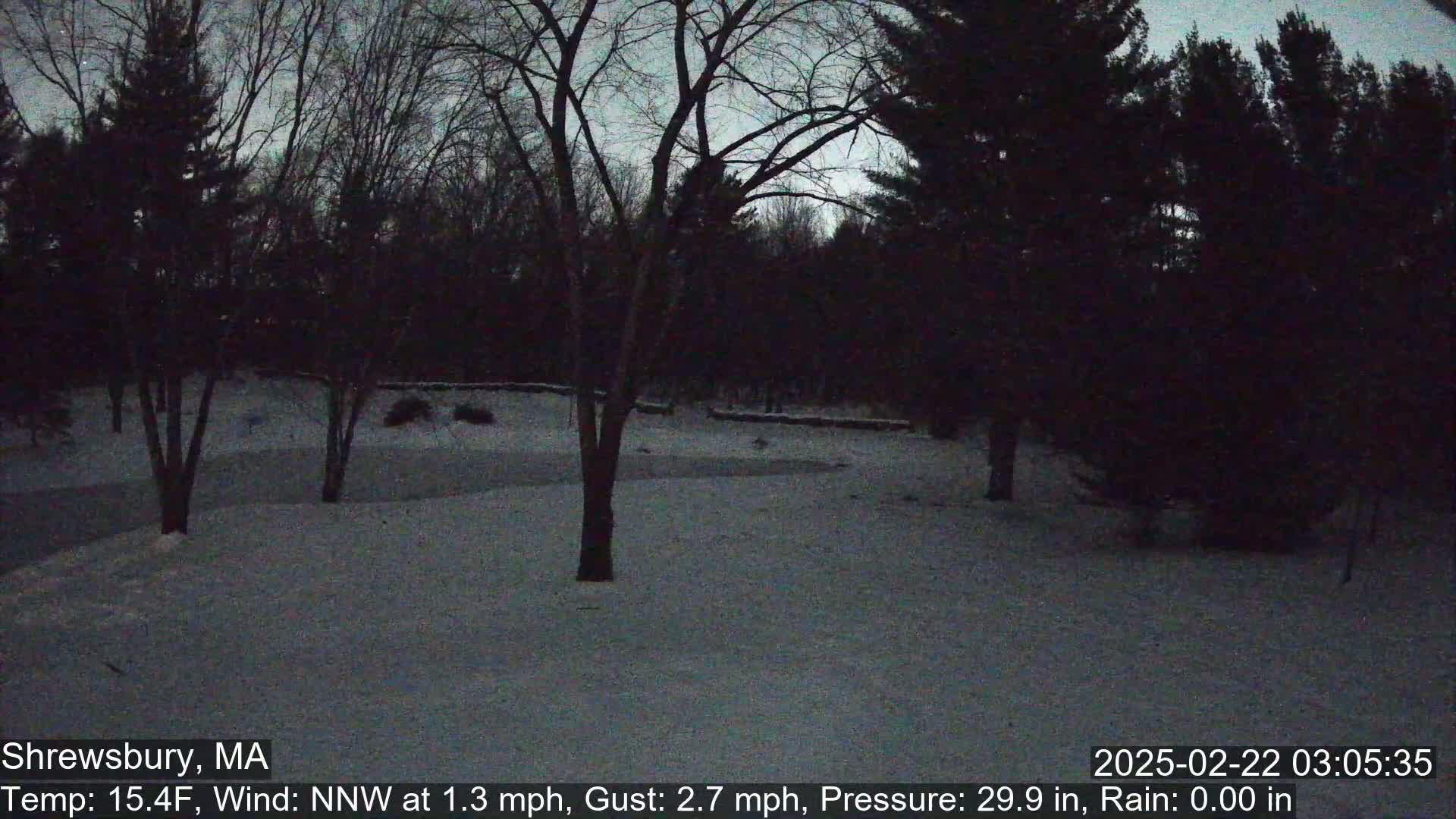 A snow-covered yard is visible at twilight, with bare trees and evergreens in the background under a dark, overcast sky.