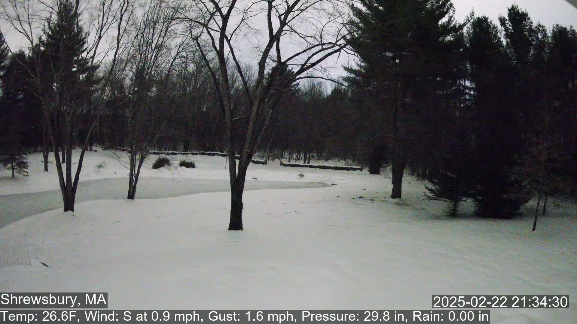 A snow-covered landscape with leafless trees and a partially frozen waterway under a gray sky.