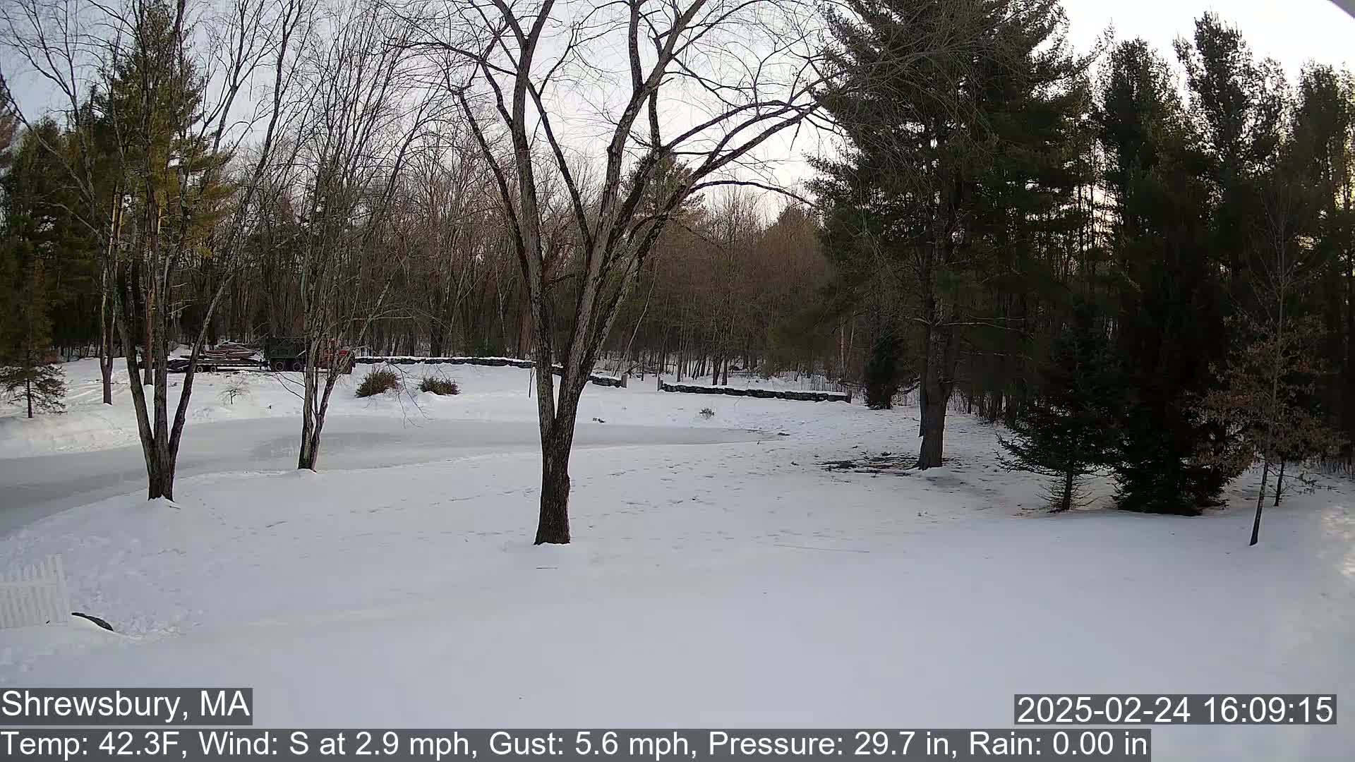 A snow-covered yard with leafless trees and a partially frozen pond is visible under a partly sunny sky.