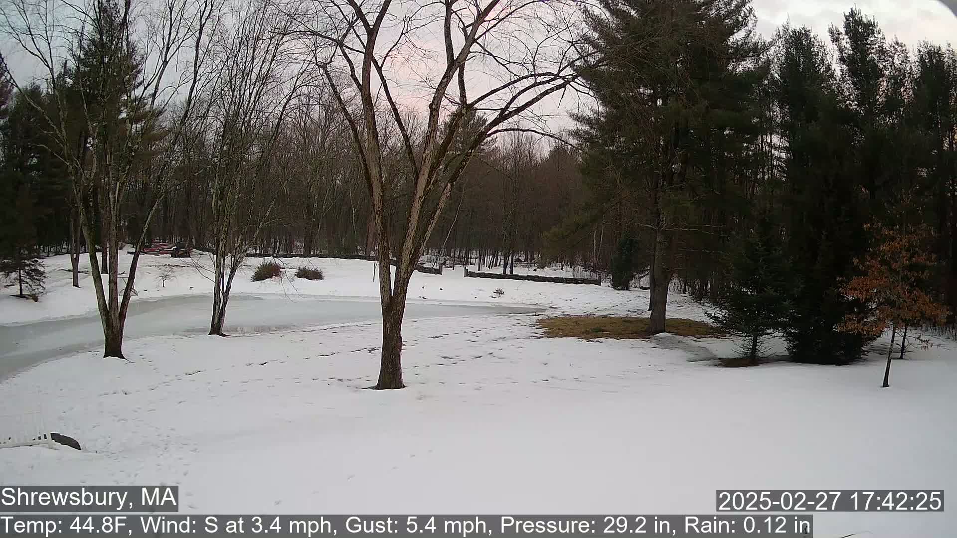A snow-covered yard with bare trees and a partially frozen pond is visible, under a mostly cloudy sky.