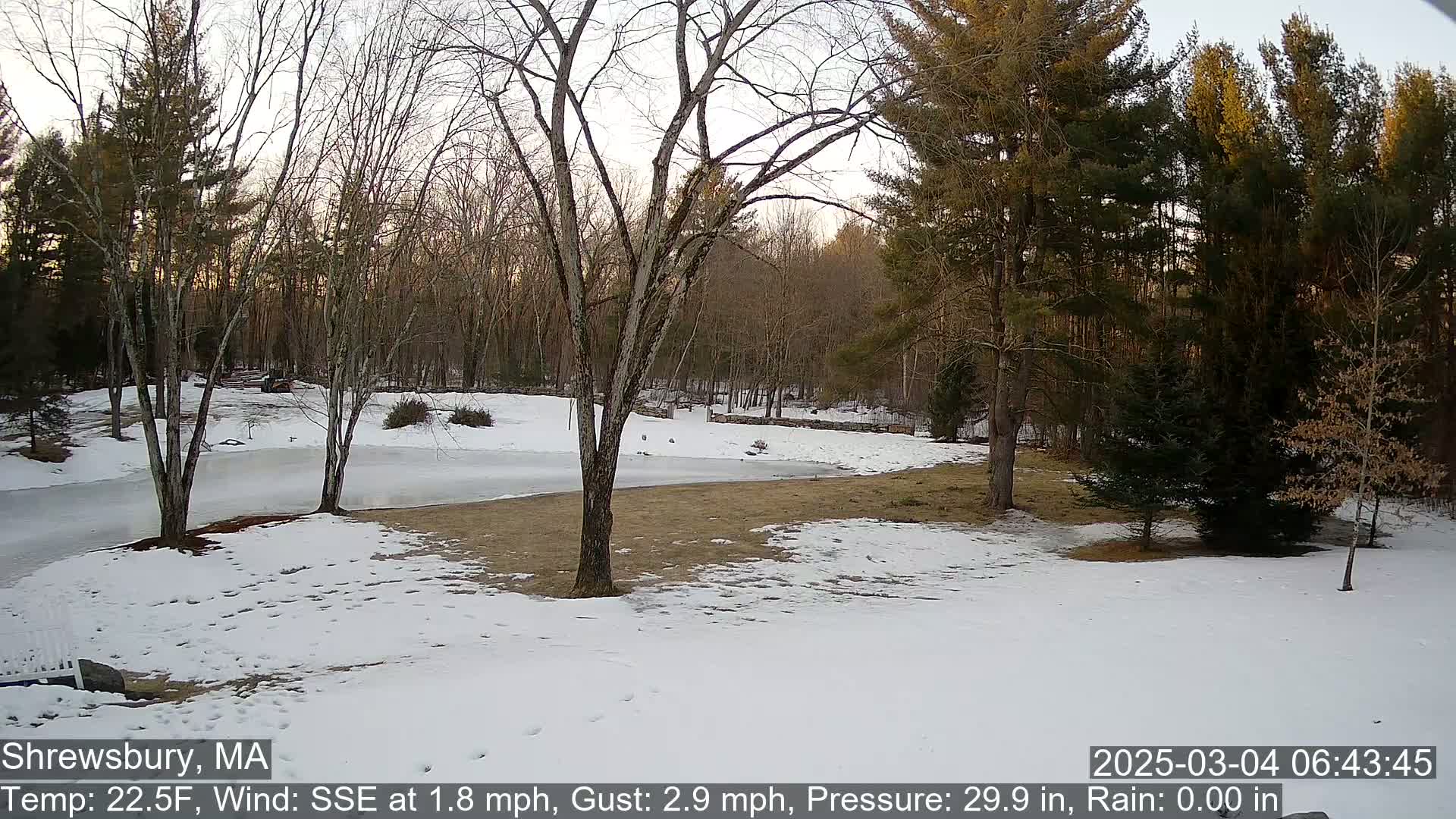 A snow-covered yard with bare trees and evergreens surrounds a partially frozen pond under a partly cloudy sky.