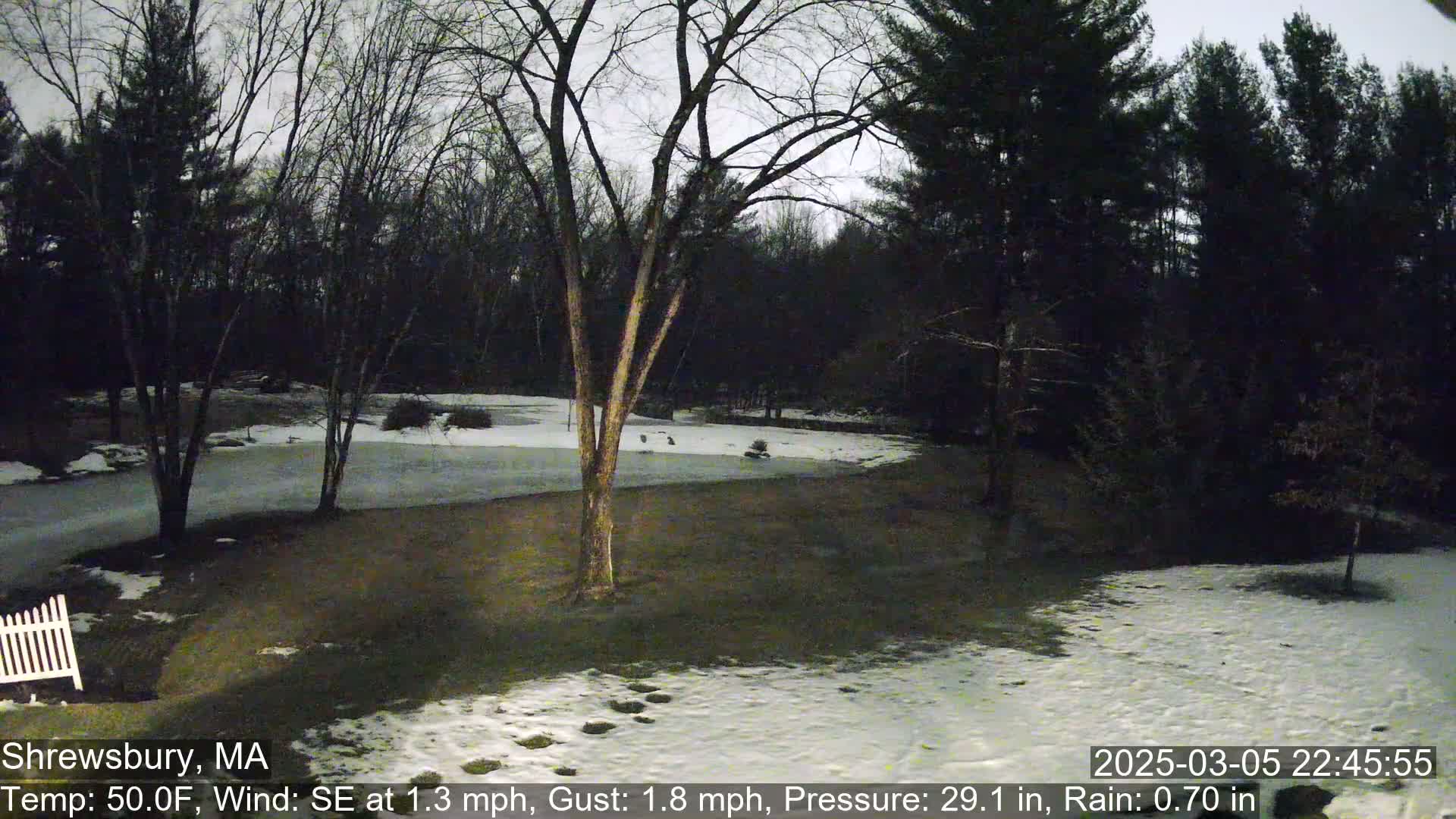 A snow-covered yard and partially frozen pond are visible under a dark, overcast sky, with bare trees and a wooded area in the background.