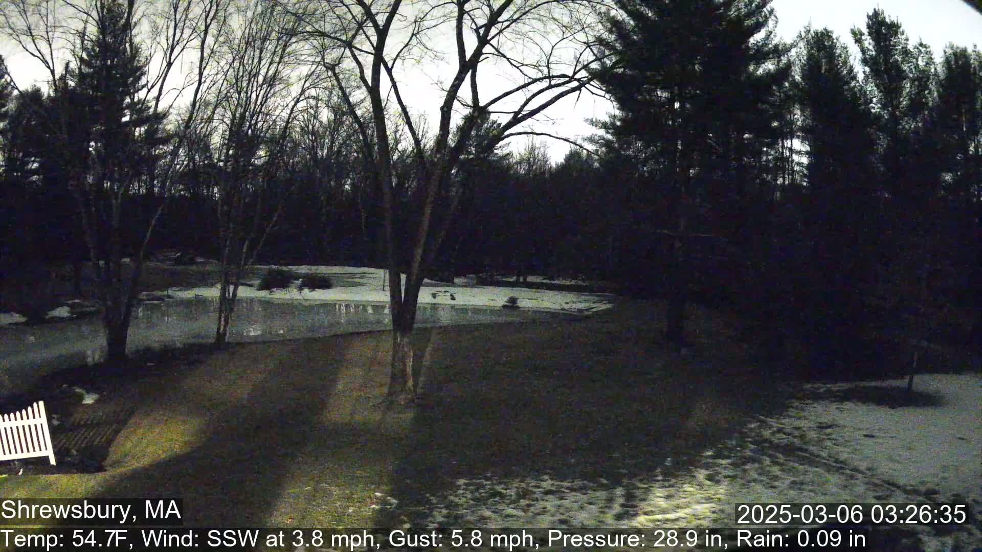 A partly frozen pond is visible beyond a lawn, surrounded by bare, dark trees under a twilight sky with light rain.