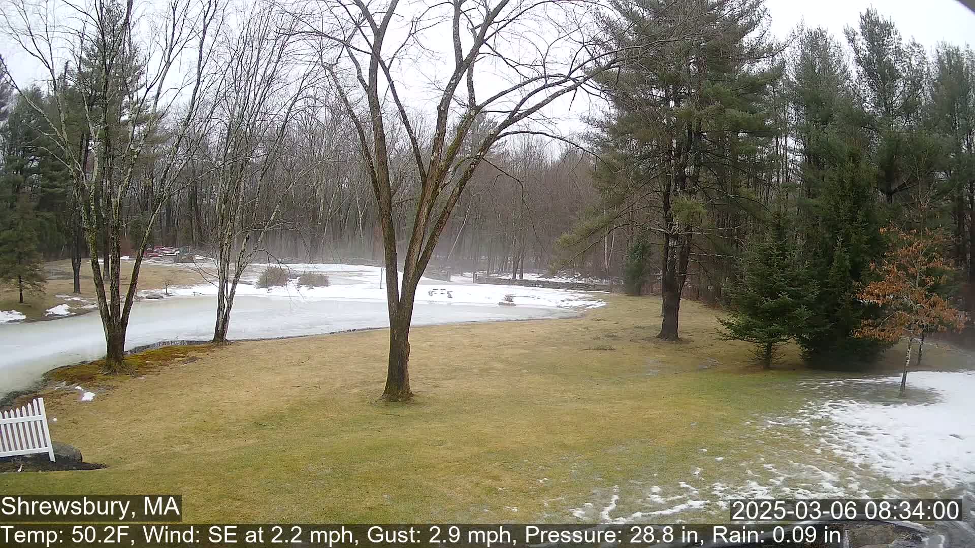 A partly frozen body of water is visible behind a lawn with scattered patches of snow, under an overcast sky with light rain.