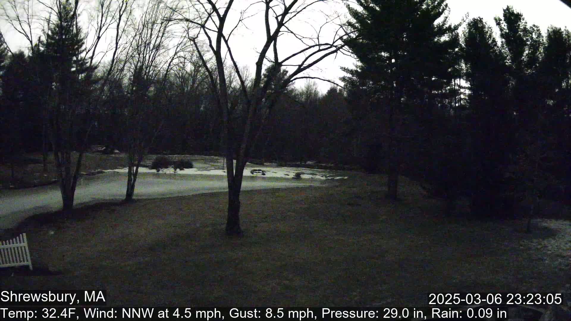 A nighttime view of a yard with bare trees and a partially snow-covered lawn under a dark, rainy sky.