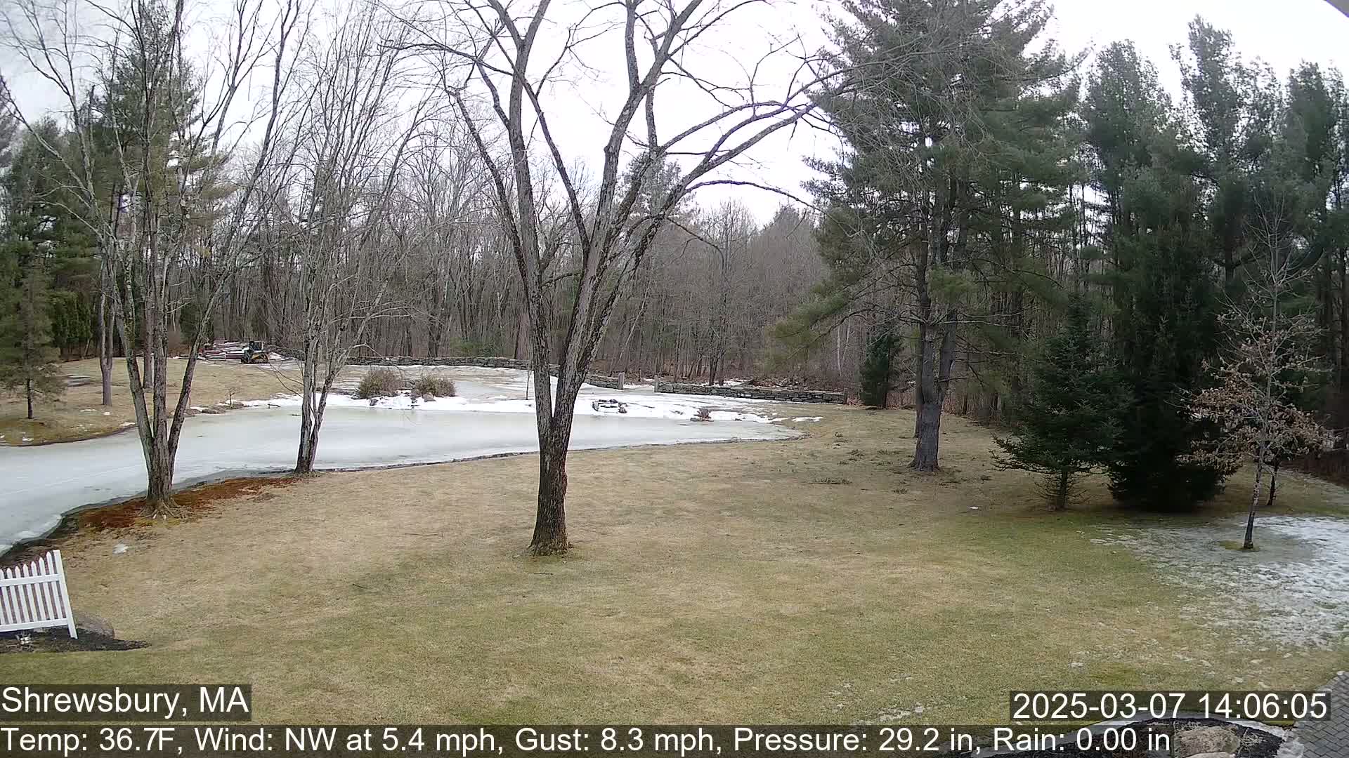 A partly icy pond is situated on a lawn surrounded by leafless trees and evergreen trees under a cloudy sky.