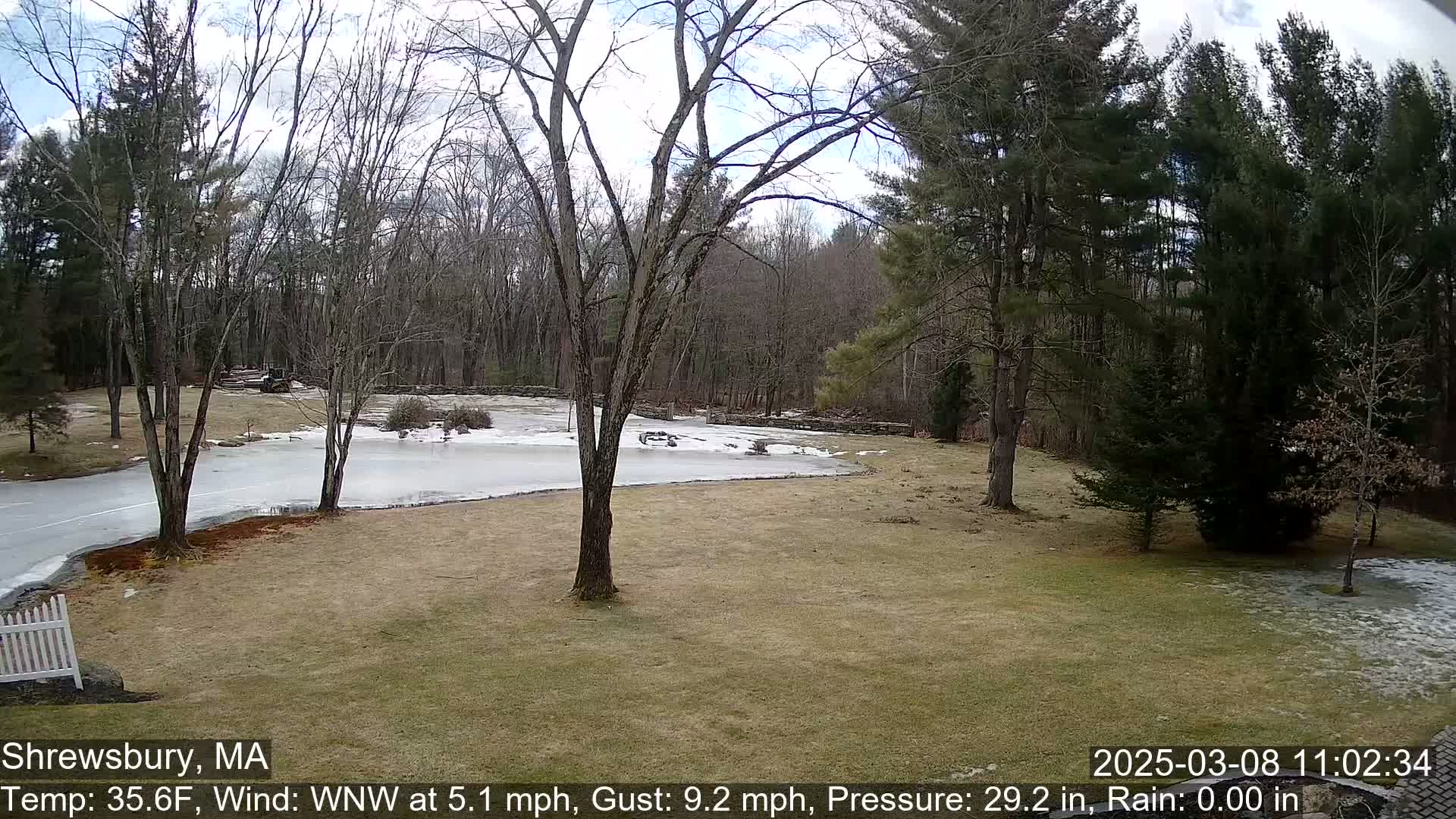A partially frozen pond is visible, surrounded by bare trees and brown grass under a partly cloudy sky.