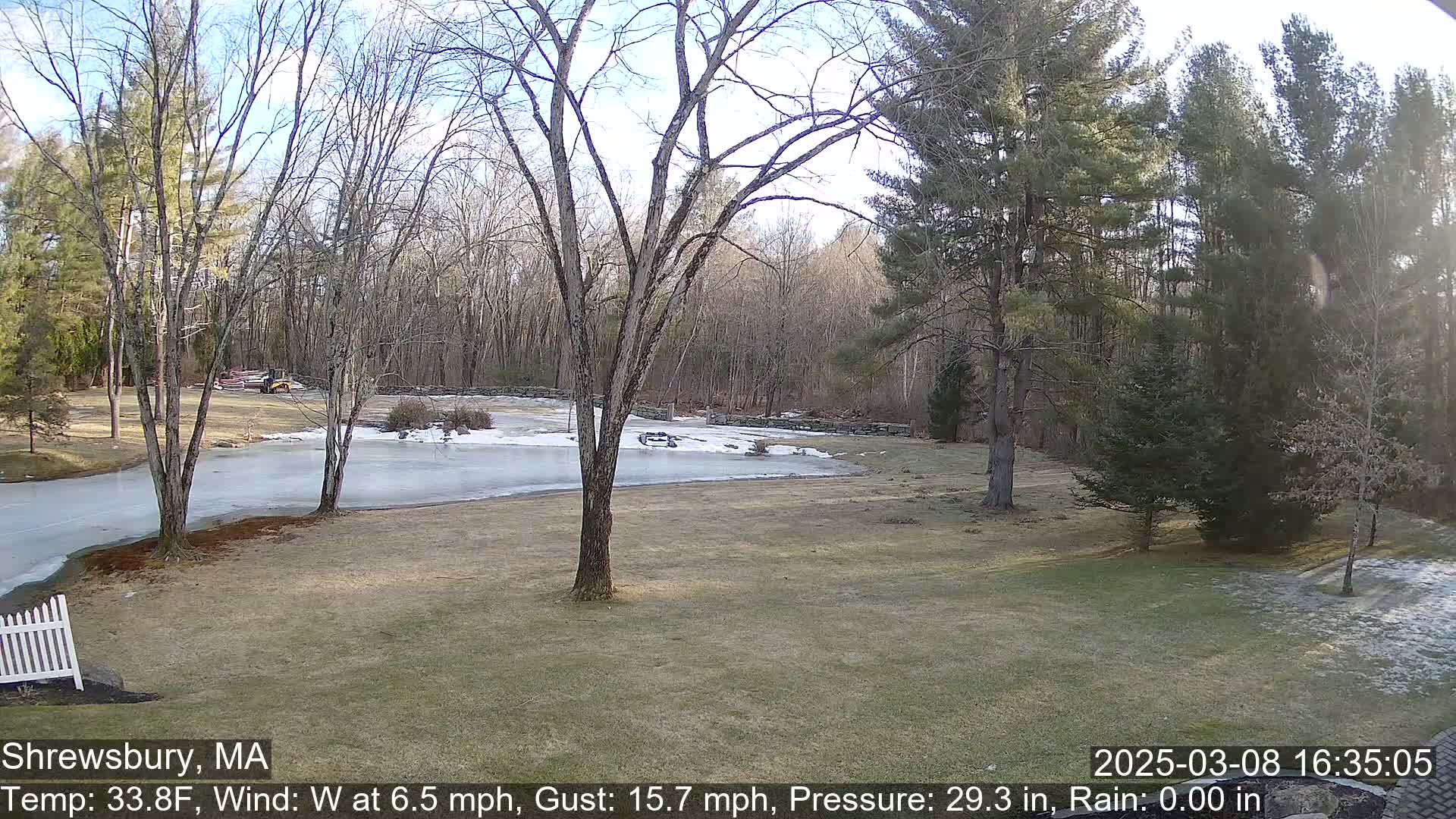 A partly sunny day reveals a frozen pond partially surrounded by bare deciduous trees and evergreens, with a small portion of snow on the ground.