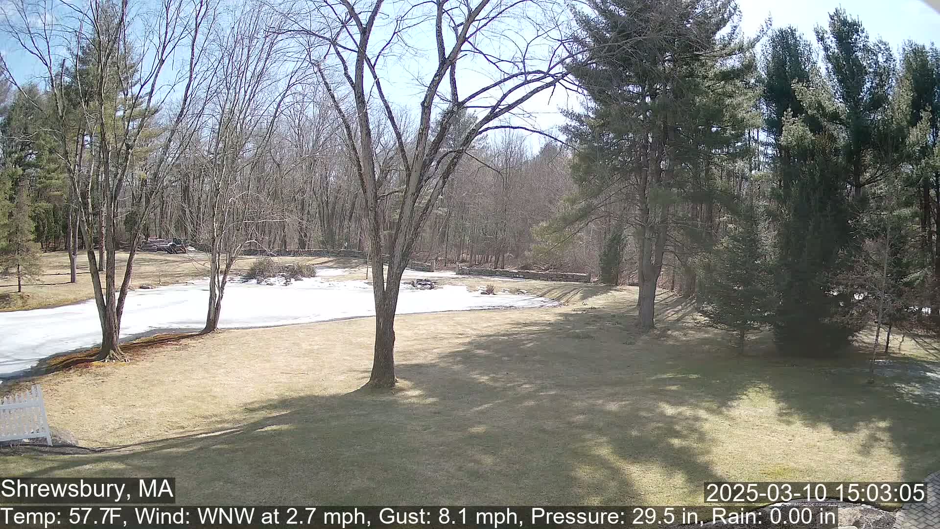 A mostly sunny view of a grassy yard with leafless trees and a partially snow-covered pond in the background.