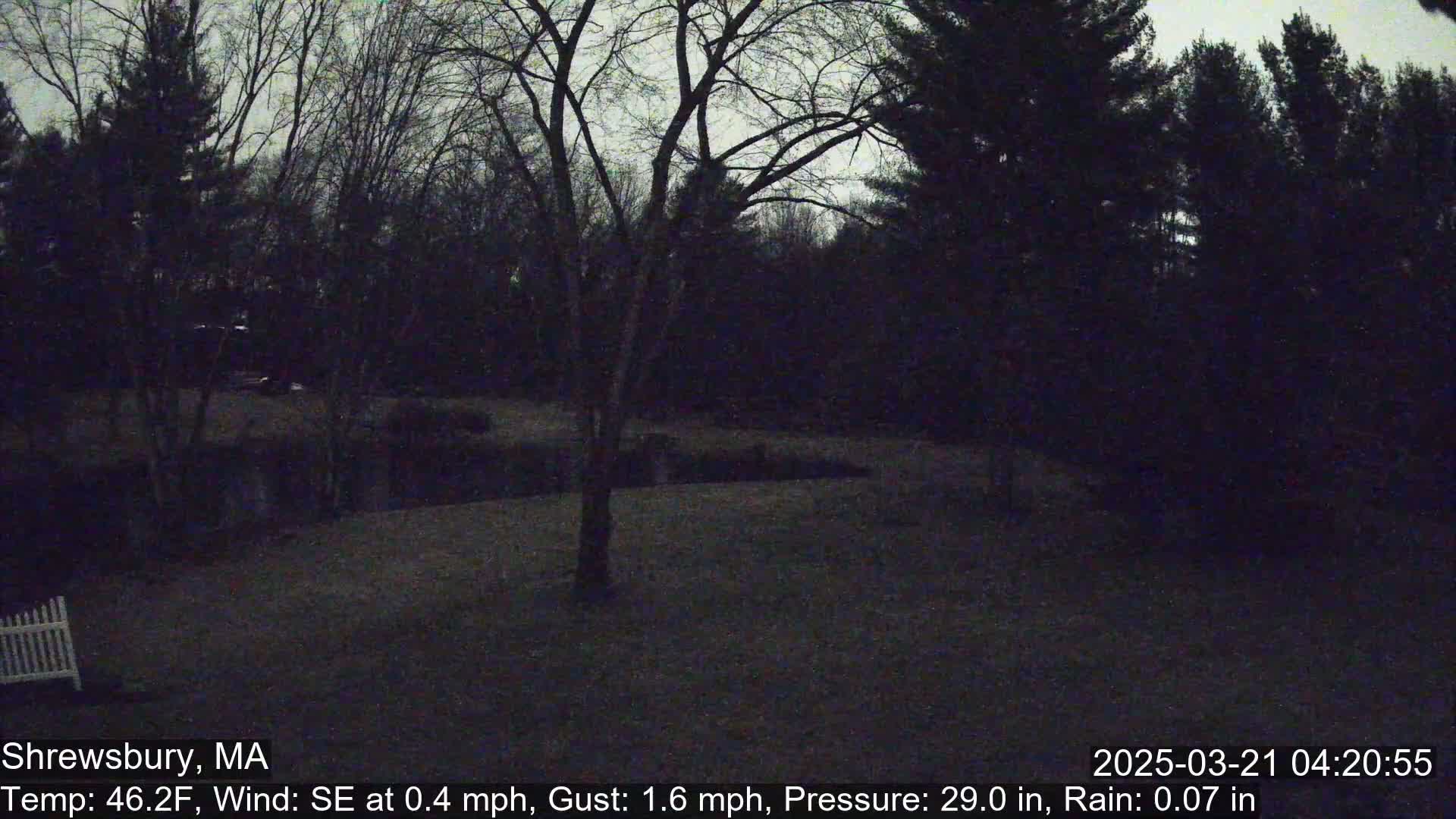 A nighttime view of a dark yard with trees and a white fence, under a gray sky with light rain.
