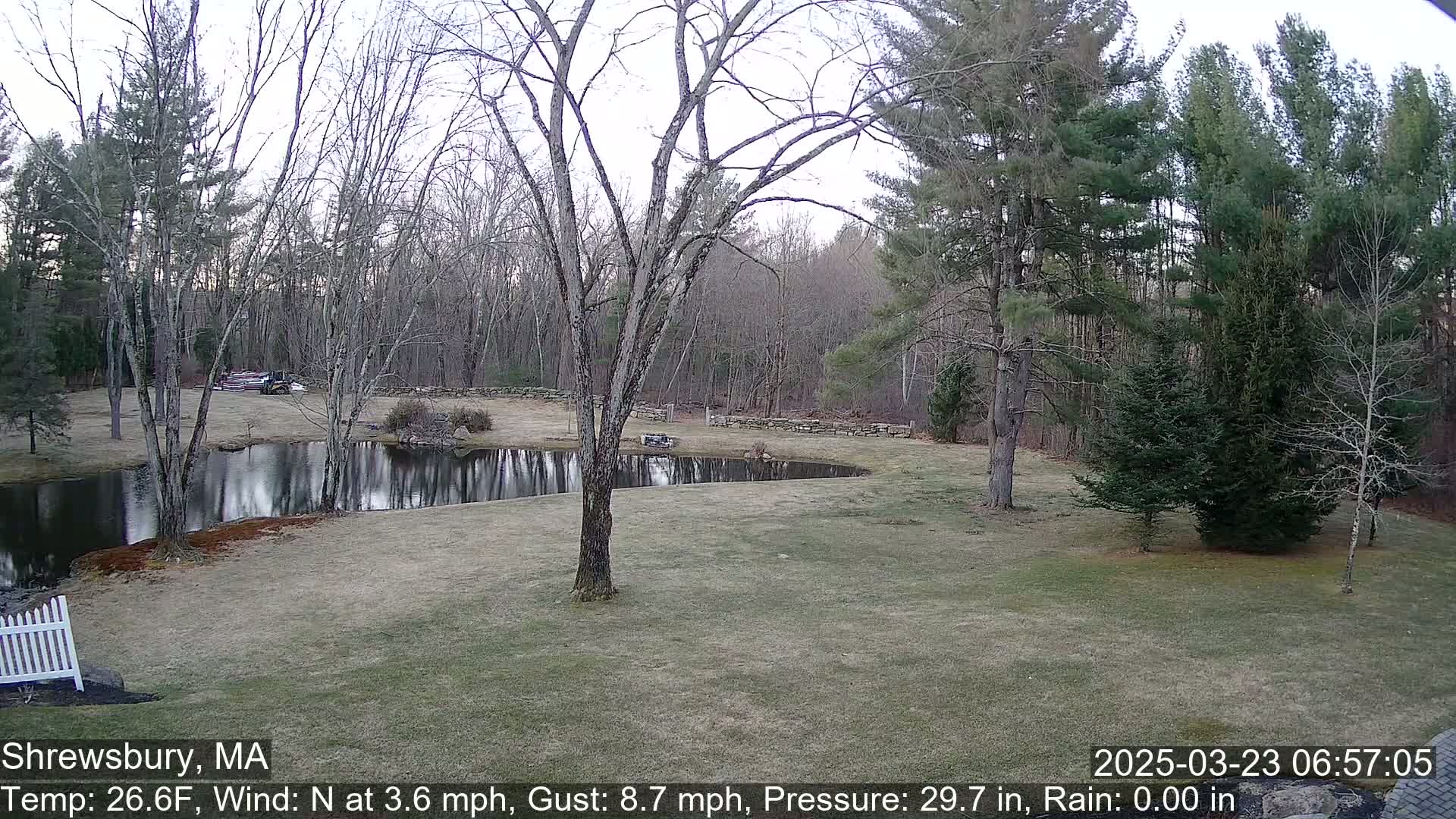 A calm, overcast day reveals a tranquil pond nestled among leafless trees and a grassy lawn, bordered by a stone wall.