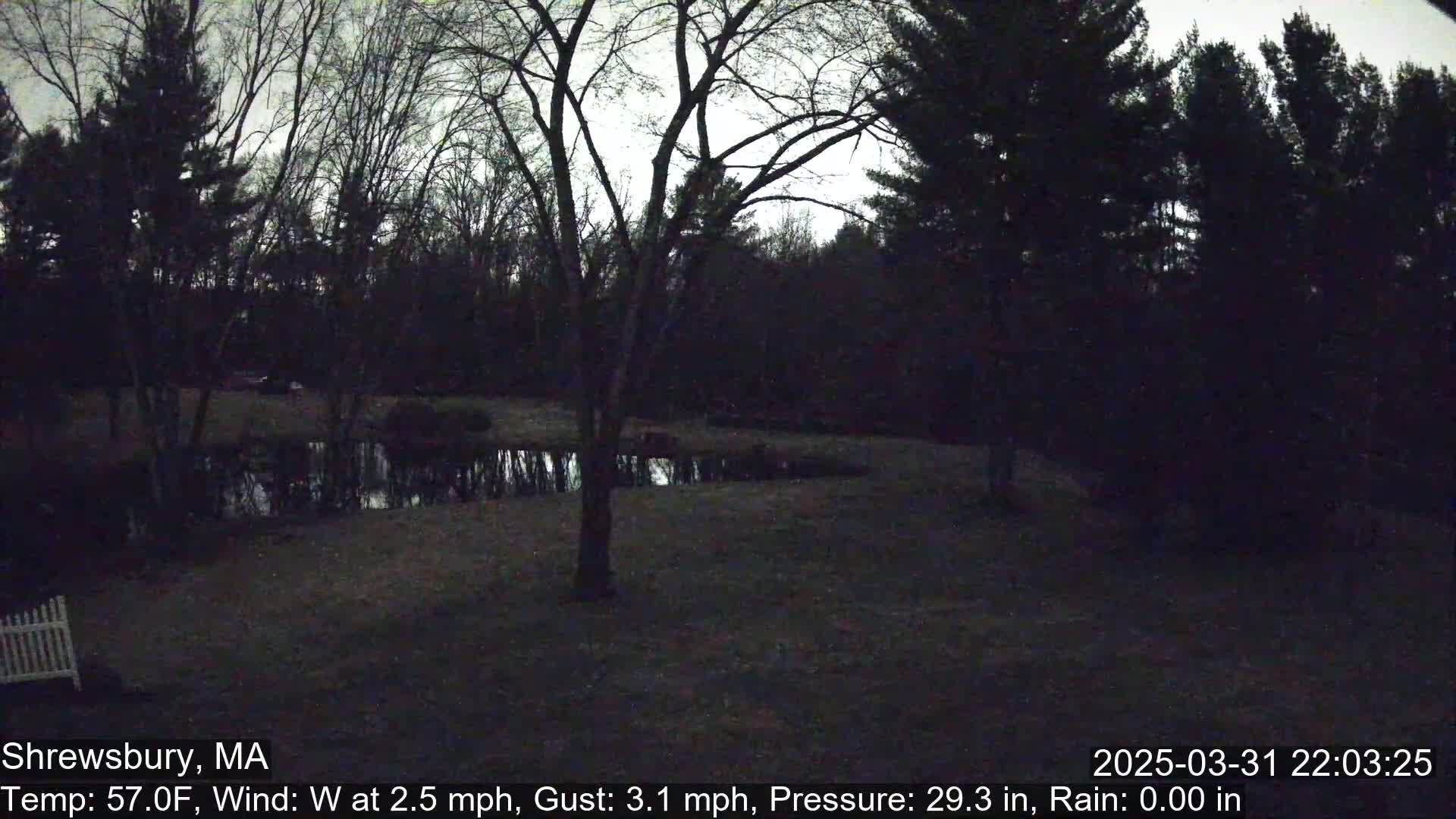 A dark, nighttime view of a backyard with a pond, trees, and a white picket fence, under overcast skies.