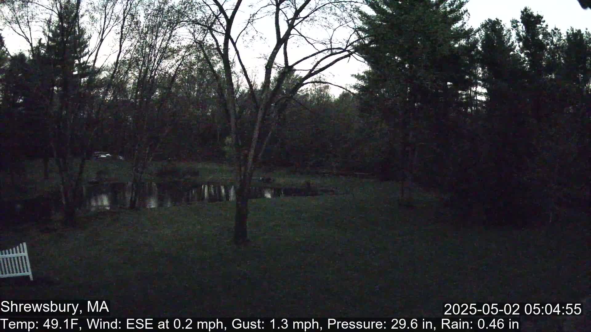 A dark, rainy scene shows a body of water surrounded by trees at dusk.