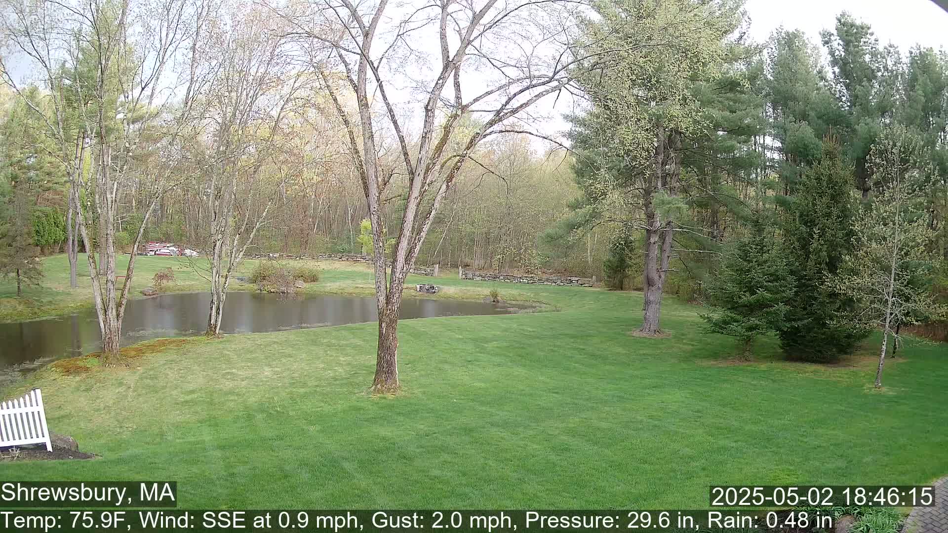 A green lawn with a pond and several trees surrounds a backyard, with a wooded area in the background under partly cloudy skies.