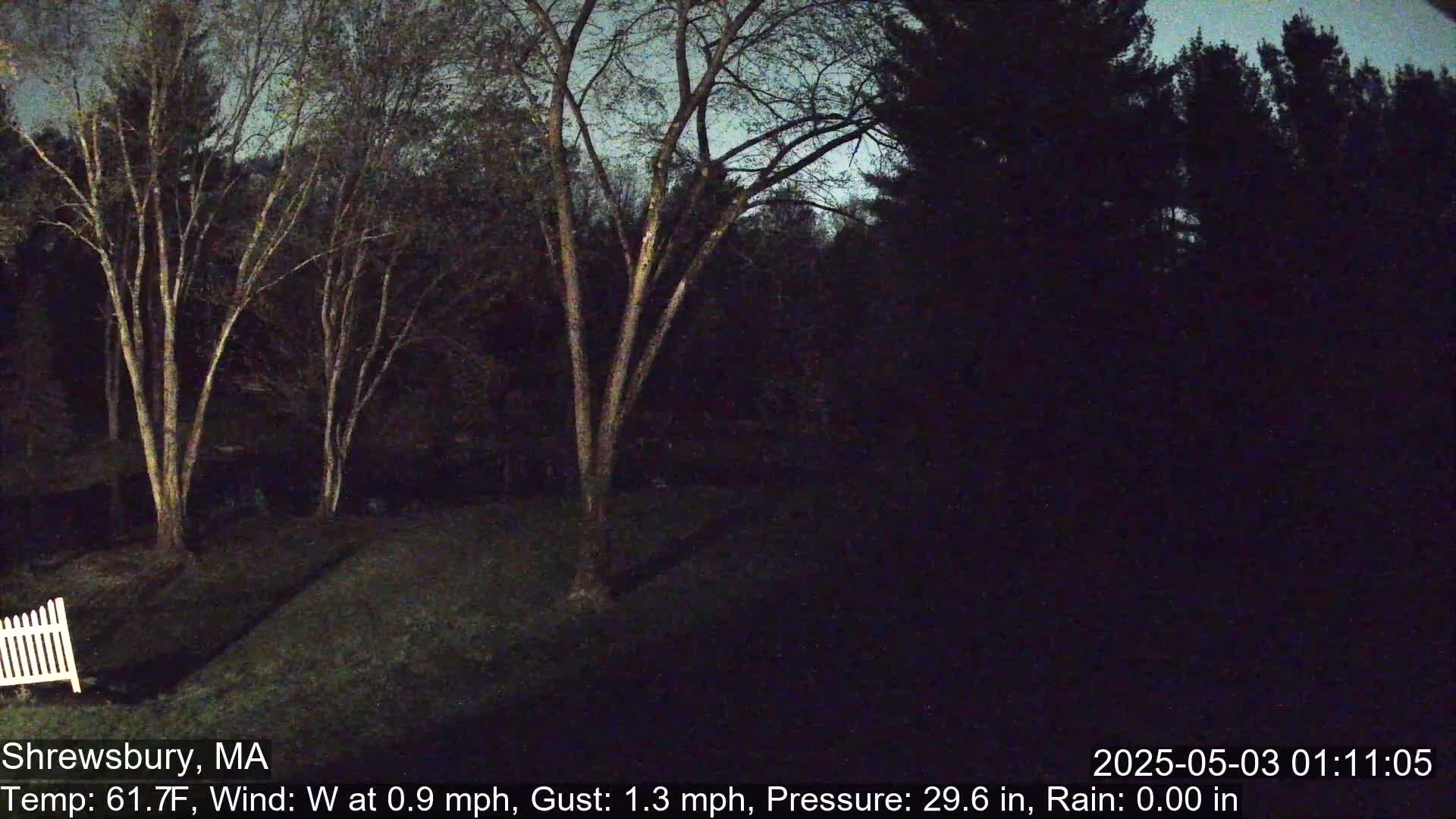A nighttime view of a yard with leafless trees under a dark sky, a section of white fence is visible in the lower-left.