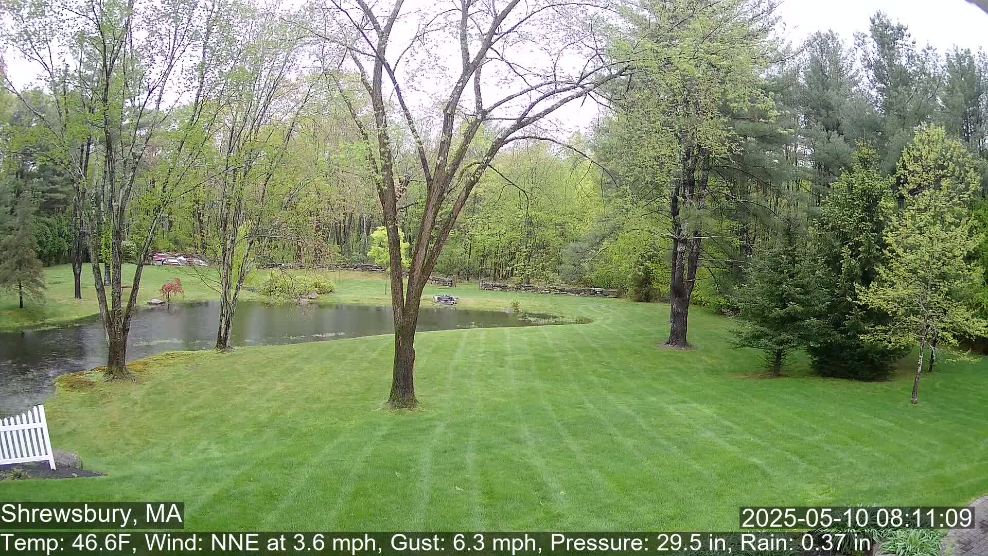 A rain-soaked lawn slopes down to a pond surrounded by trees and stone walls under a gray sky.