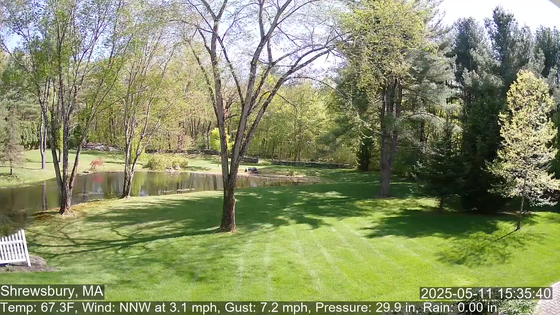 A sunny day shows a green lawn, a pond, and deciduous trees surrounding a property.