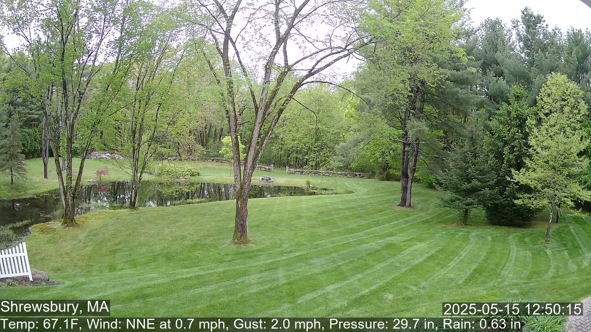 A freshly mown lawn slopes down toward a pond bordered by stone walls and lush green trees under a lightly overcast sky.