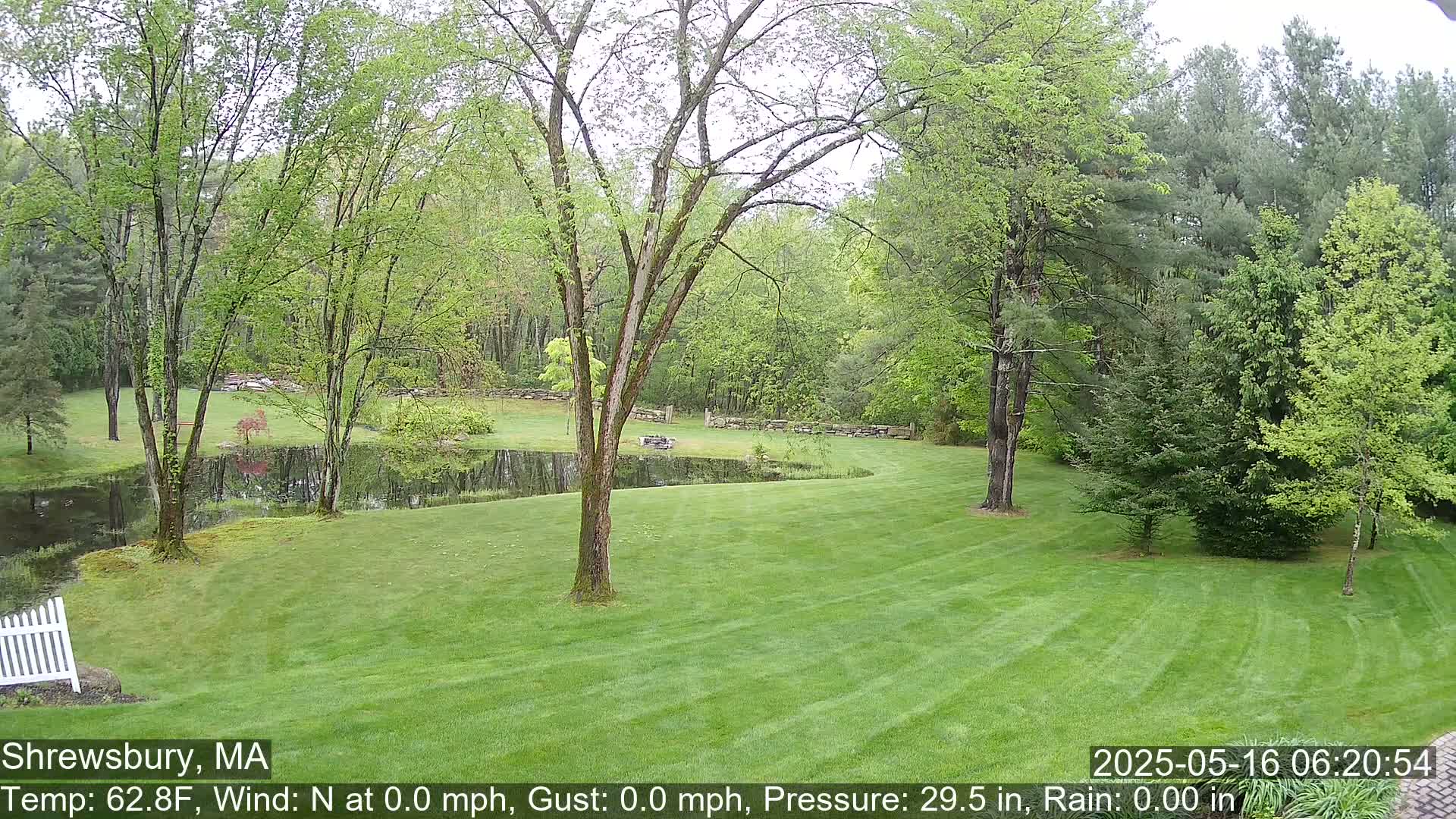 A lush green lawn slopes gently down to a calm pond surrounded by deciduous and evergreen trees under an overcast sky.