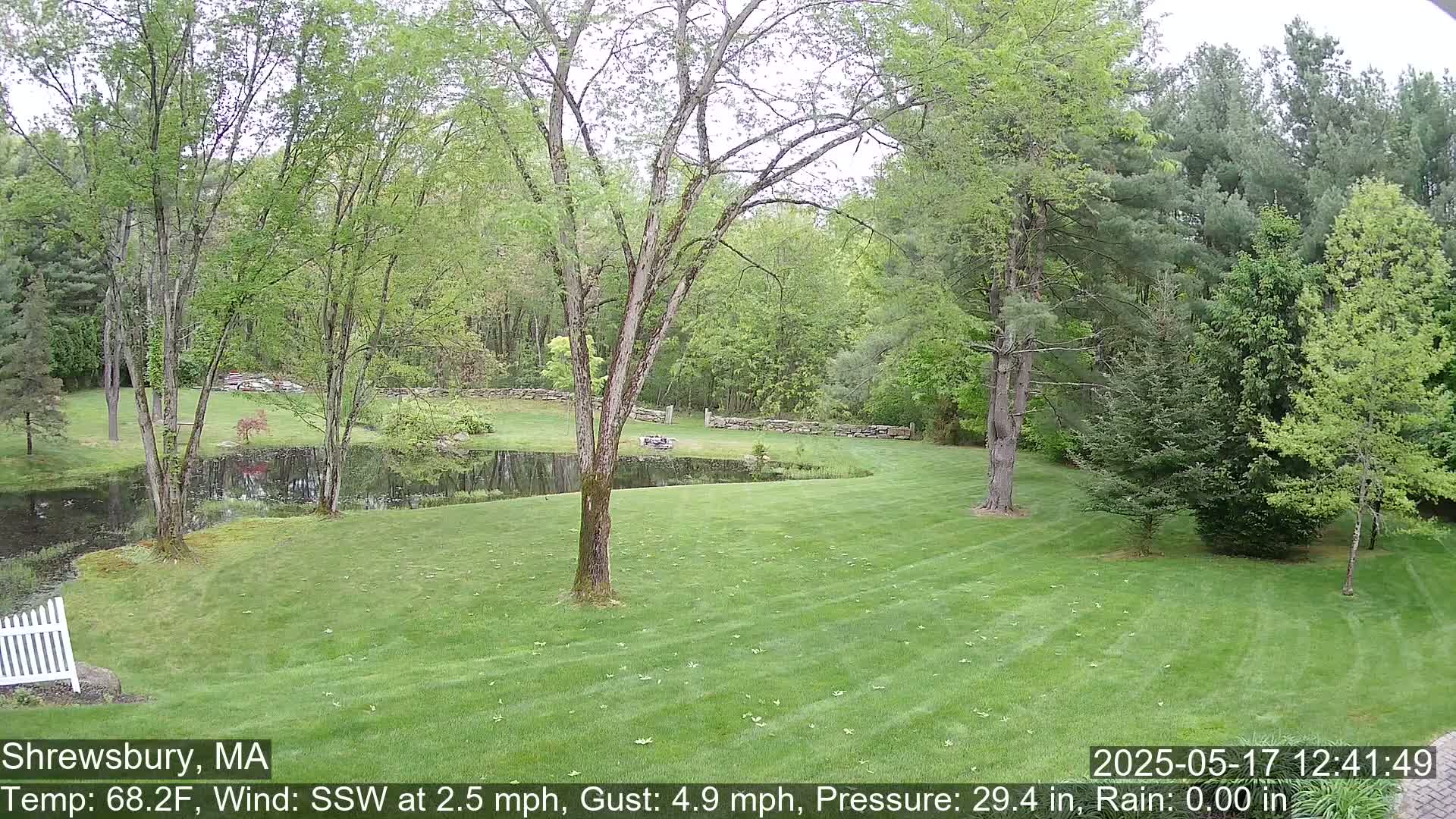 A verdant lawn slopes gently down to a calm pond surrounded by lush green trees under a slightly overcast sky.