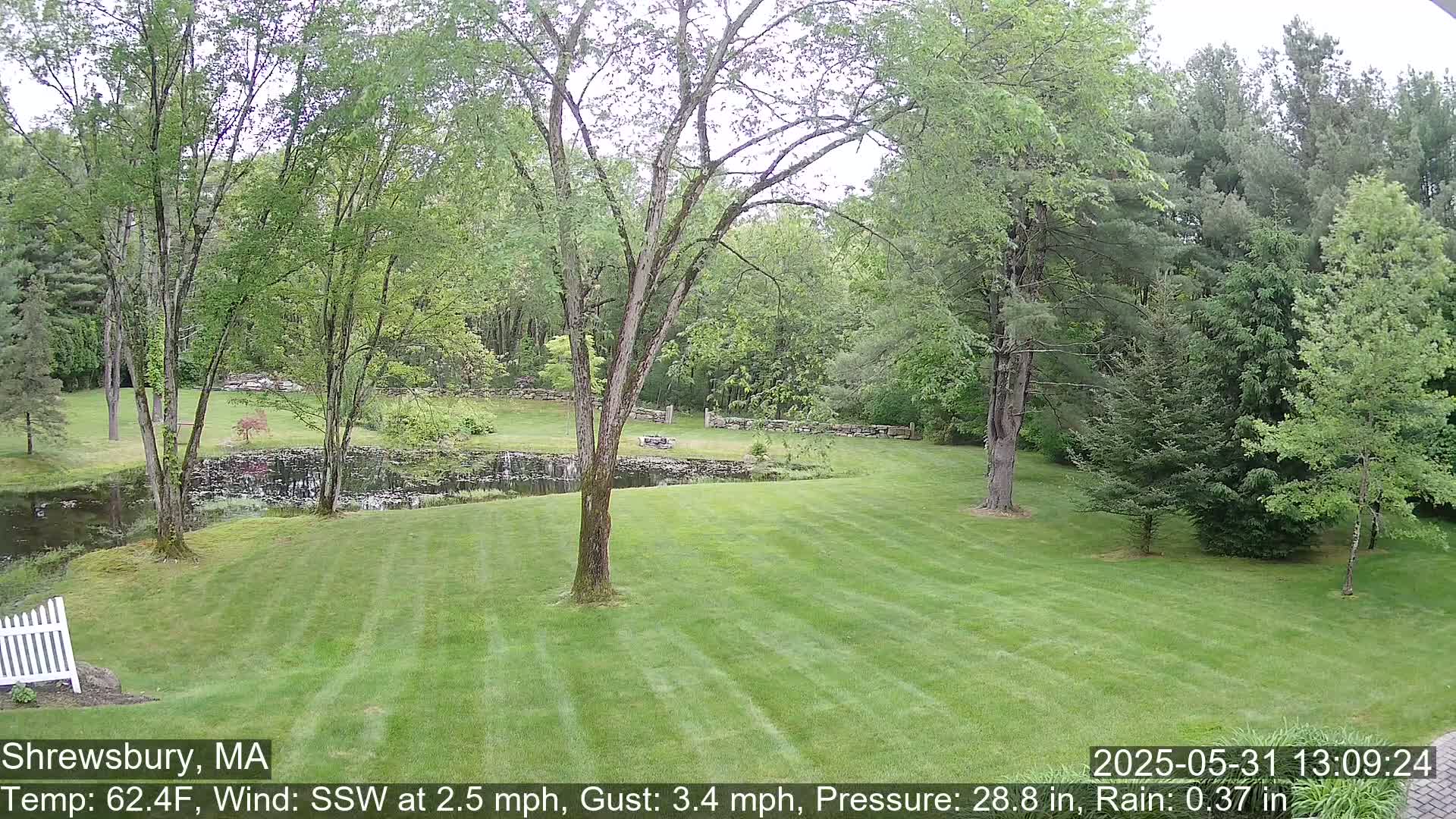 A grassy lawn slopes down to a pond surrounded by trees and stone walls under an overcast sky.