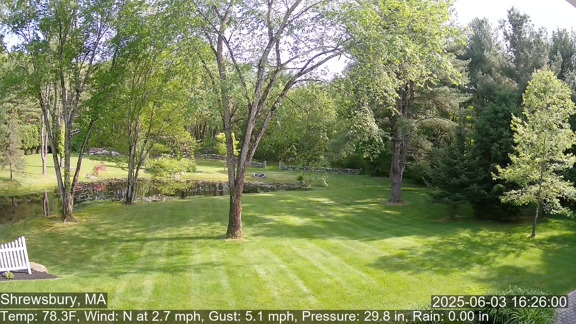A verdant lawn, dotted with trees and a small pond, stretches towards a wooded area under a sunny sky.