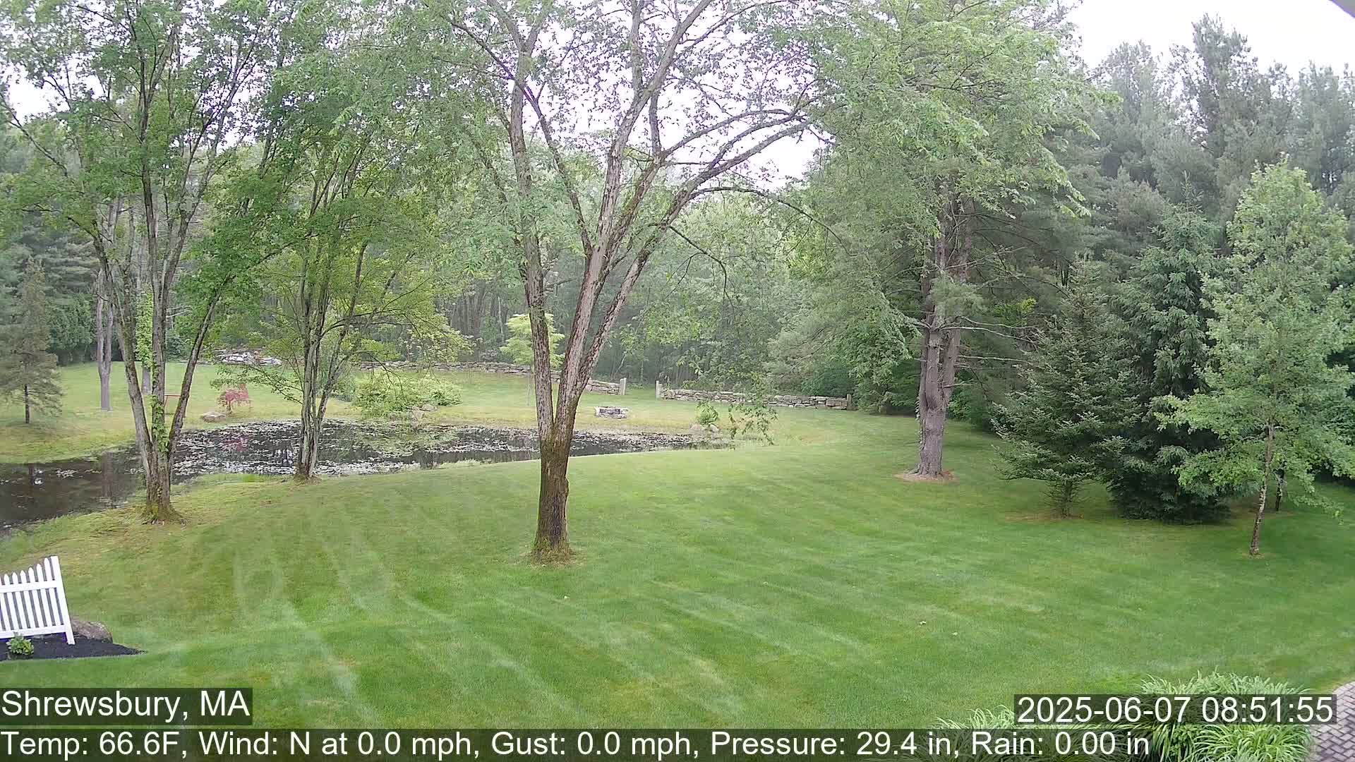 A grassy lawn with trees and a pond is visible, under overcast skies.