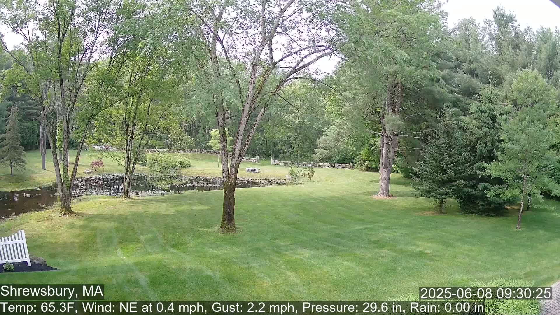 A grassy lawn with a pond, stone wall, and various trees is visible on a partly sunny day with a light northeasterly wind.
