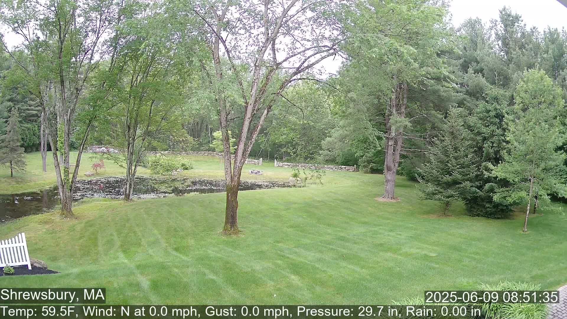 A grassy lawn stretches towards a pond and stone wall, surrounded by lush green trees under an overcast sky.