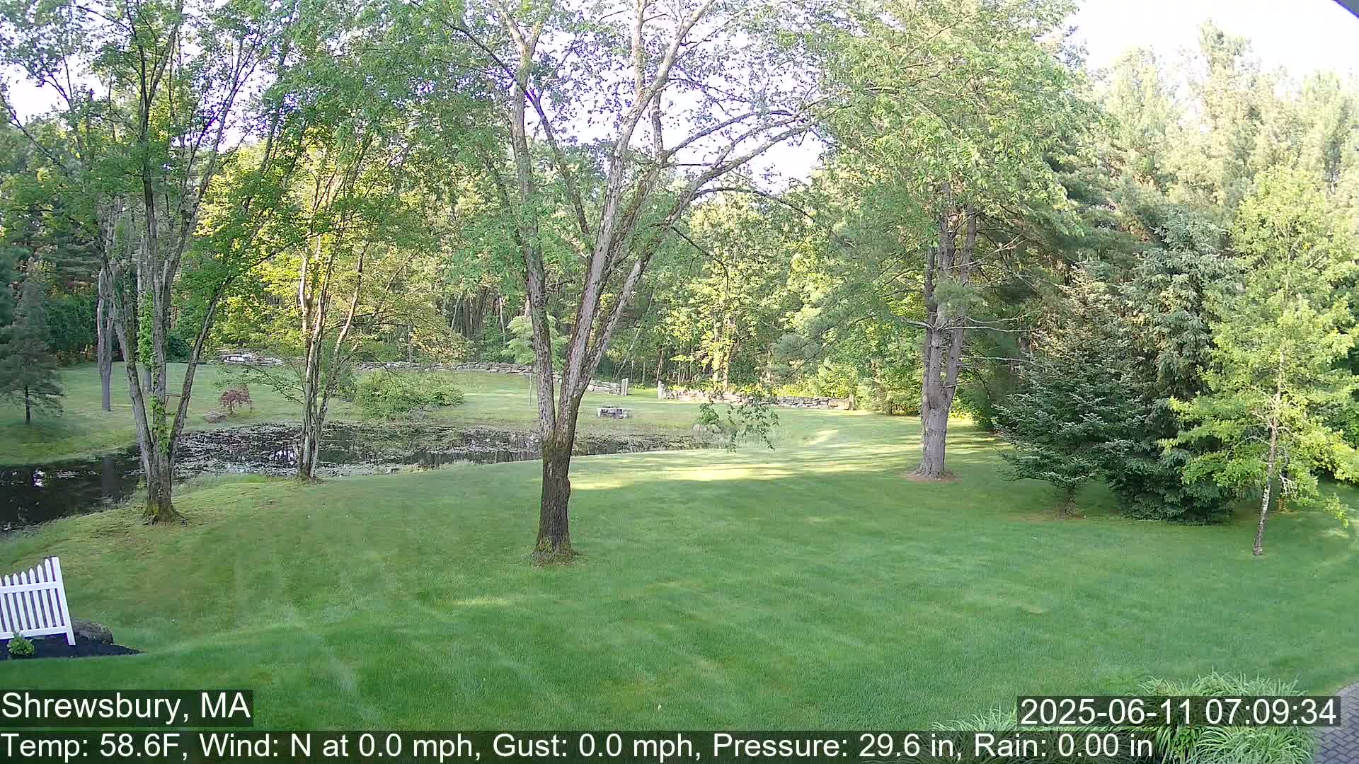A calm, sunny day reveals a grassy lawn, a pond, and lush green trees bordering a stone wall.