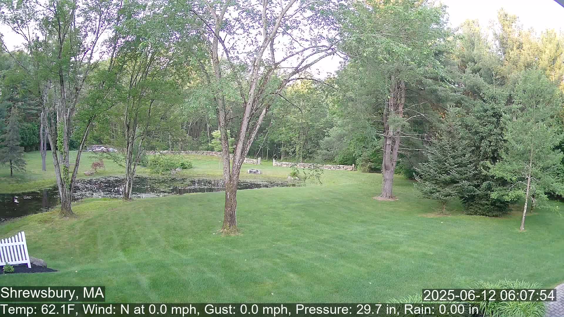 A grassy yard with several deciduous trees and evergreens surrounds a calm pond; a stone wall is visible in the background under a mostly clear sky.