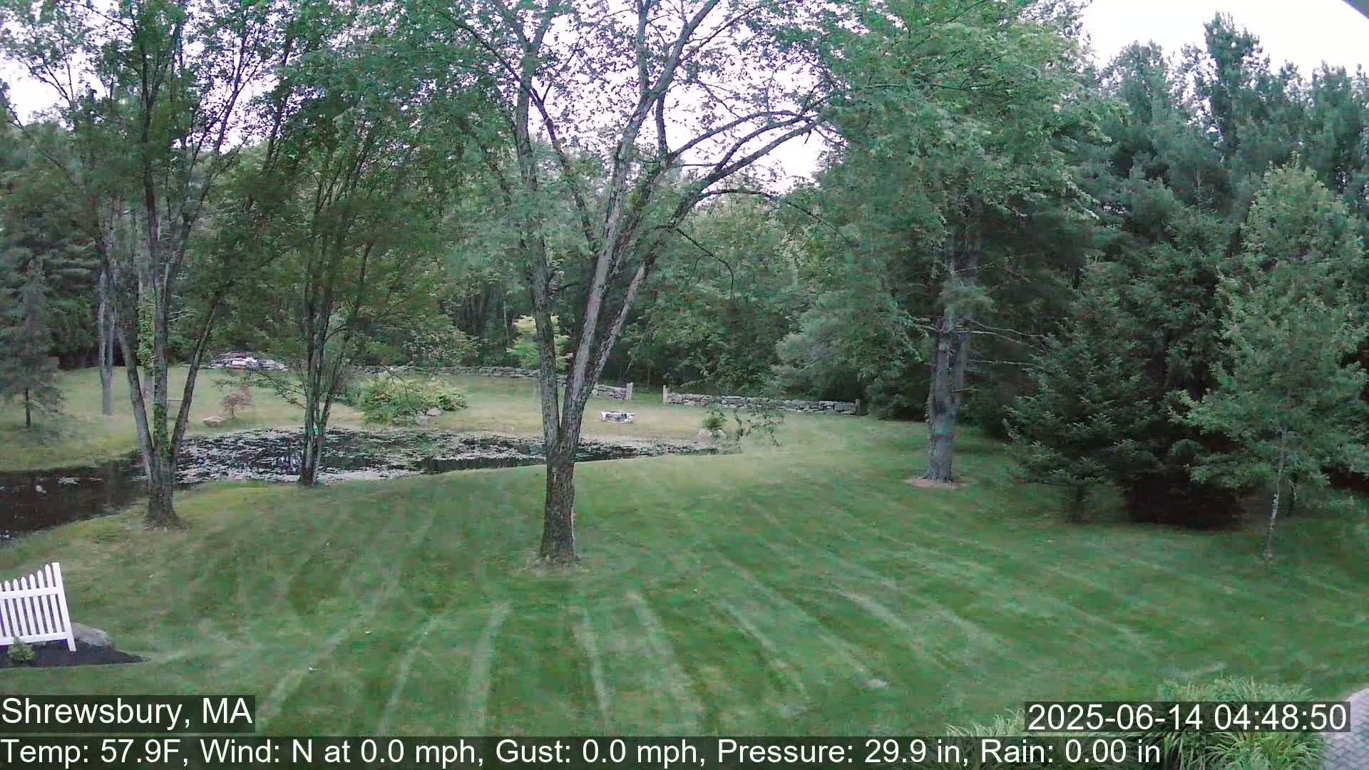 A calm, partly cloudy day reveals a verdant lawn, a small pond, and a stone wall nestled among lush green trees.